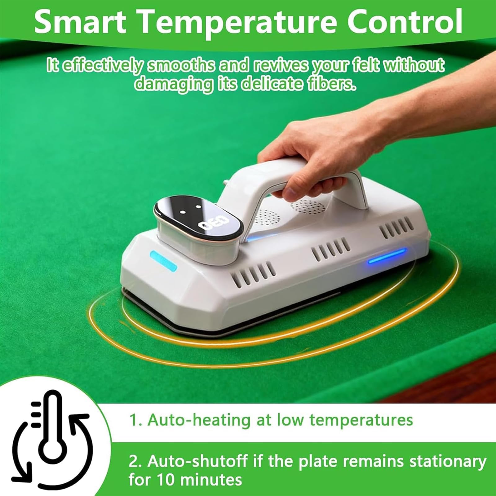 Inteligentny żelazko do stołu bilardowego 800W z termostatem i sterowaniem dotykowym, szybkie nagrzewanie w 50s, regulowana temperatura 0-150℃, przenośna ręczna szczotka do stołów do gry w bilard