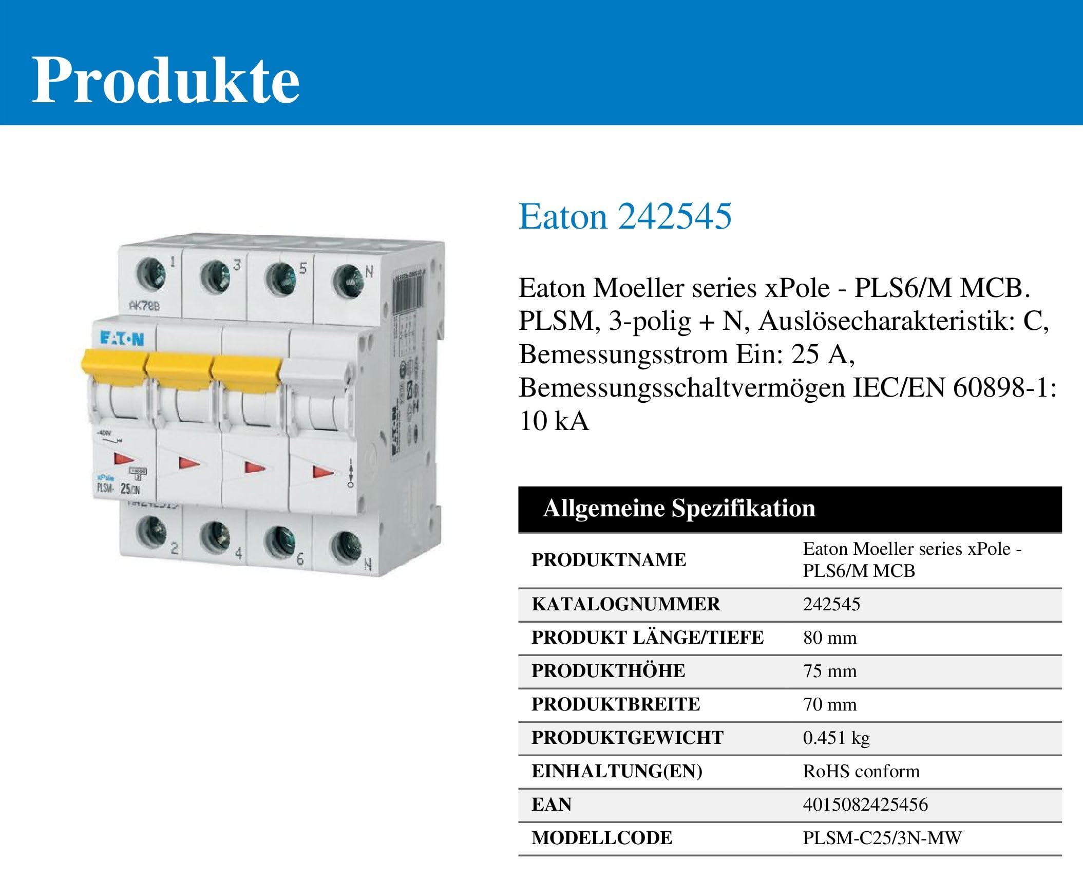 EATON PLSM-C20/3N-MW Interruptor Magnetotérmicos, 3P+N, Curva C, 20A, 7.5cm x 7.0cm x 8.0cm