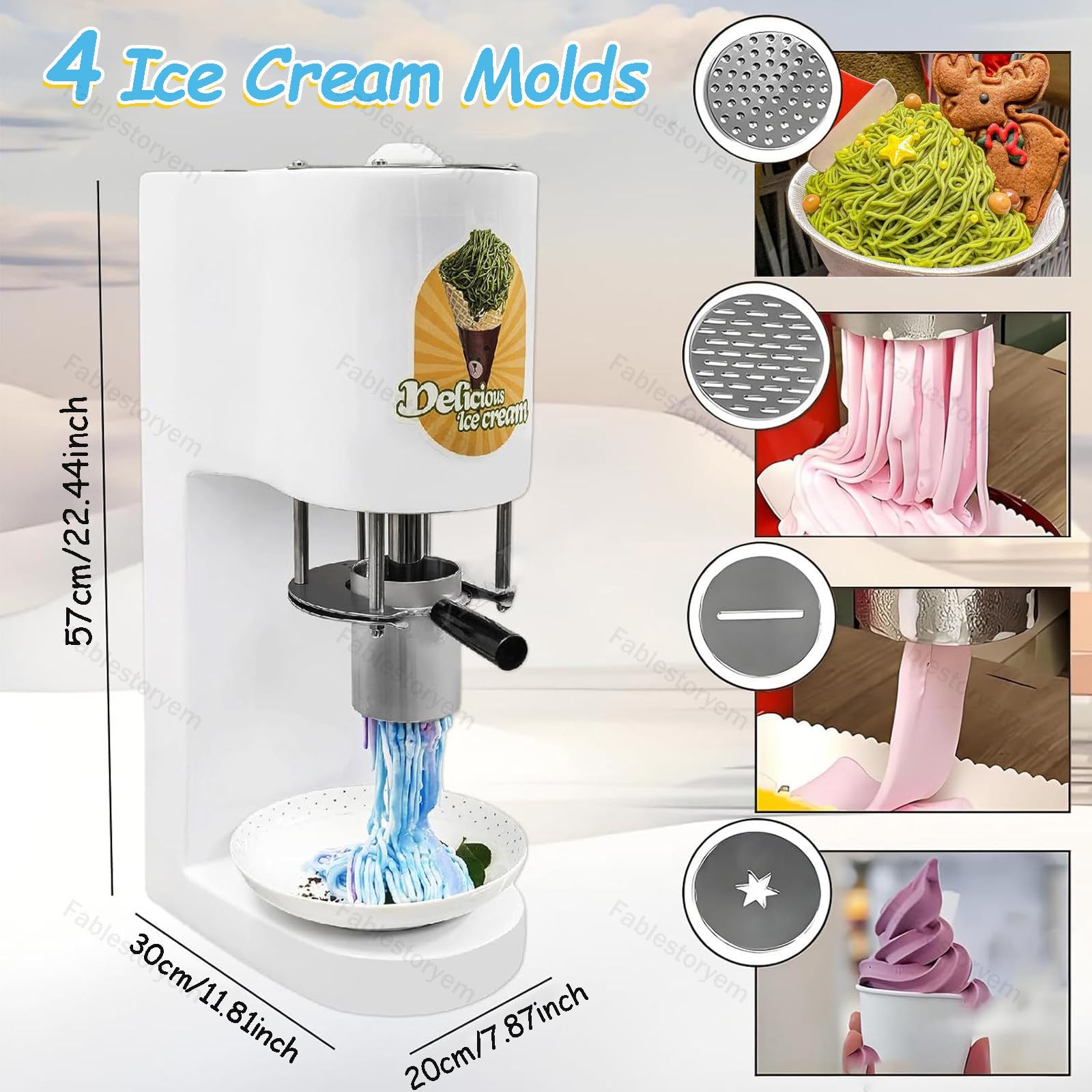 Máquina para Hacer Helado Espagueti Multiforma con 4 Moldes Intercambiables, Depósito 420ml/Acero Inoxidable/Inicio con 1 Botón, 80W Profesional para Heladerías & Tiendas de Gelato 110V