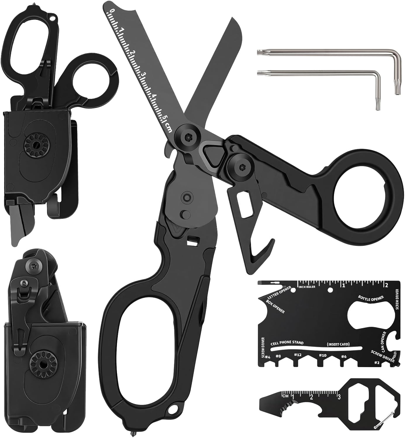 6-in-1 Trauma Shears Foldable Kit, Heavy Duty Emergency Tools with Glass Breaker Seatbelt Cutter and Holster, Multipurpose Scissors for Car Safety, EDC, Medical, First Aid - Electroplated Black