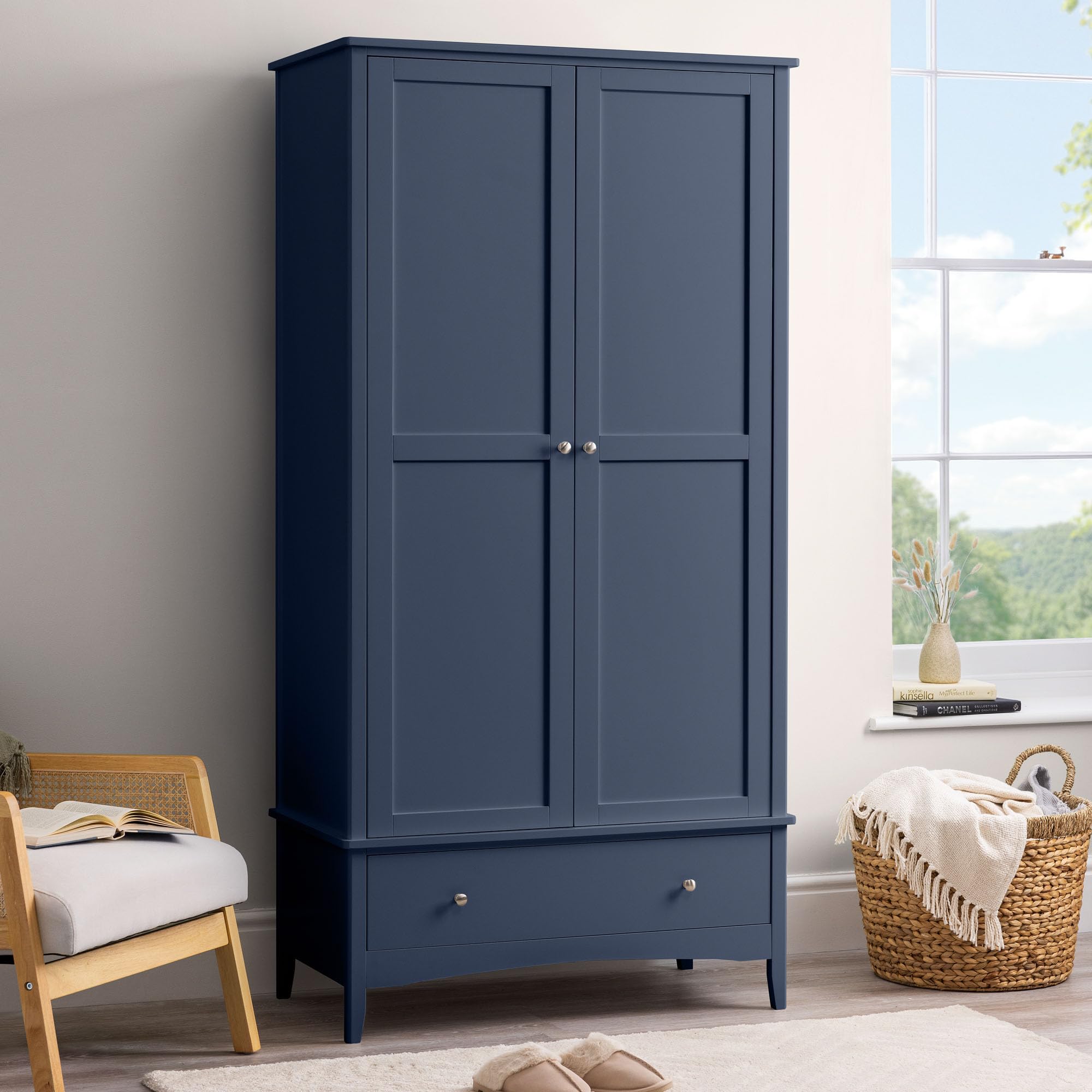 Christow Navy Blue Double Wardrobe With Drawer, Door Storage Cupboard, Modern Wooden Mdf Bedroom Furniture, Clothes Rail, Shelf, Brushed Chrome Handles, Soft Shut Hinges (185Cm X 94.5Cm X 50Cm) Size 2
