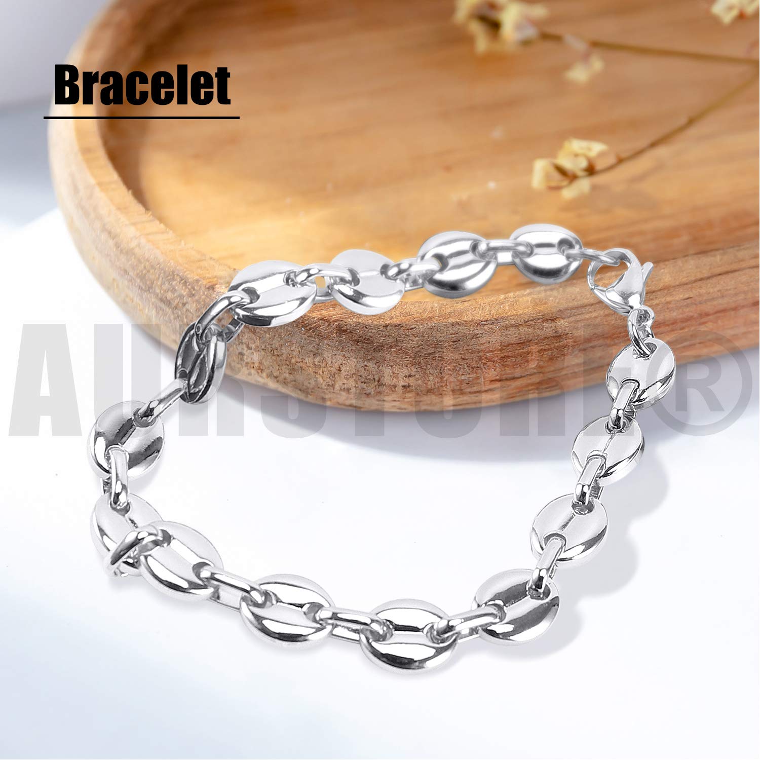 AURSTORE Parure Bracelet ET Chaine Homme Acier INOX Massif Grain DEà café Taille Couleurs AU Choix (6mm, Argenté)