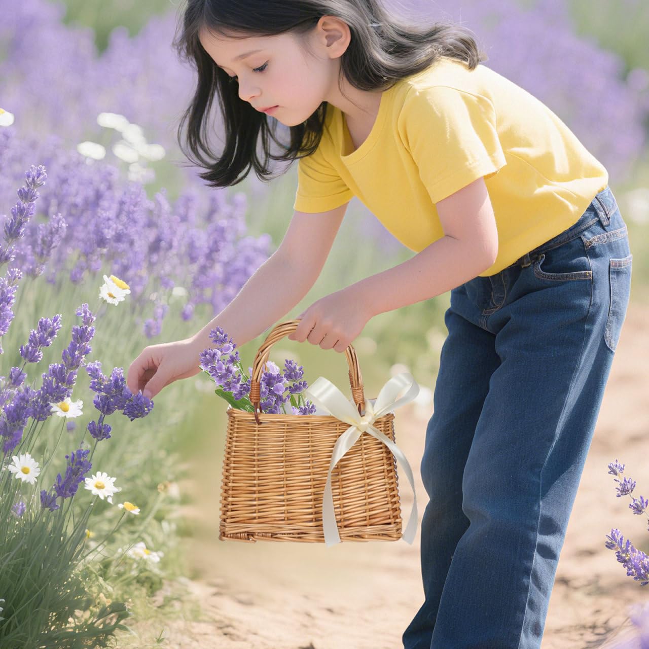 Cabilock Panier à main en osier naturel tissé à la main pour fille avec ruban blanc