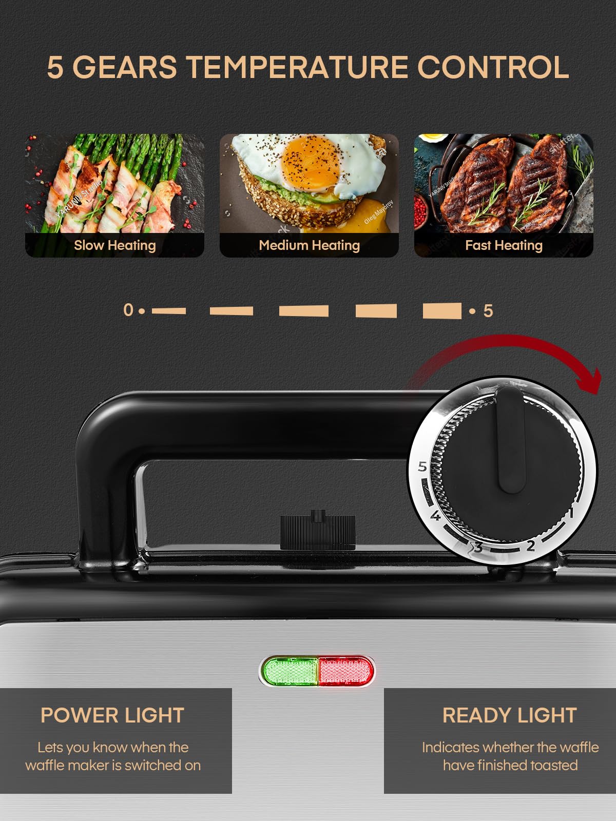 1200W Sandwichmaker 3 IN 1, 5-Gang-Temperaturregelung Waffeleisen Sandwichtoaster Kontaktgrill mit Antihaftbeschichtung für einfache Reinigung ohne Anbrennen, LED-Leuchten, Edelstahl/Schwarz