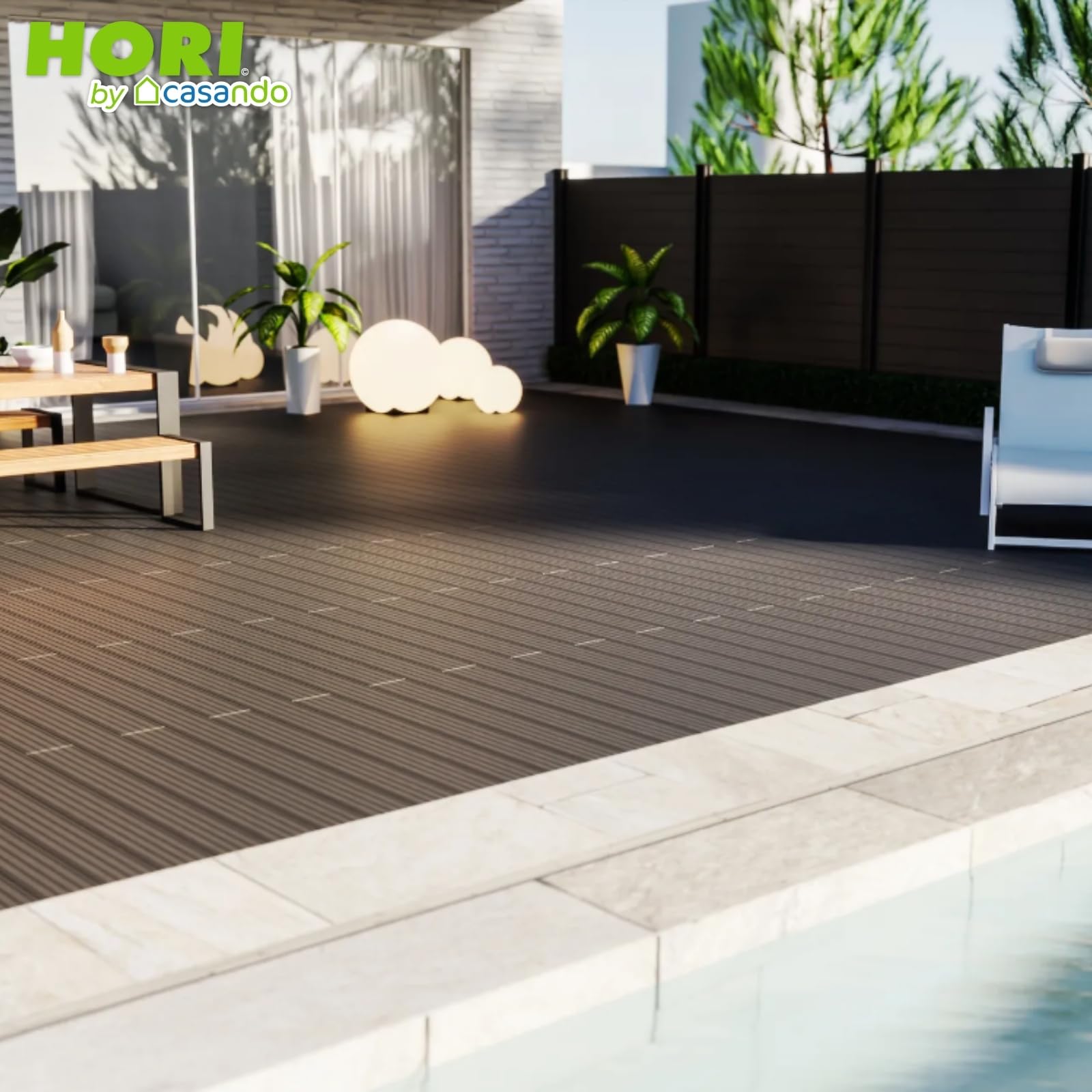 HORI WPC Terrassendielen Komplettset Antigua verschiedene Farben - Hohlkammerprofil, beidseitig nutzbar, inkl. Unterkonstruktion & Clips Fläche: 5 m² - 220 cm Dielenlänge - Braun