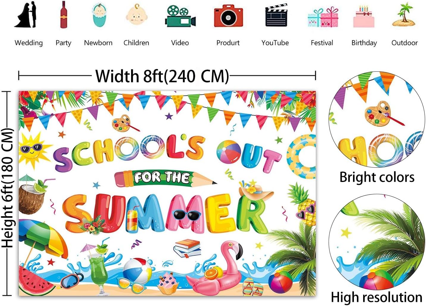 School's Out for The Summer Backdrop 8x6FT End of School Year Background Graduation Party Photography Banner Indoor Outdoor Decorations Photo Props