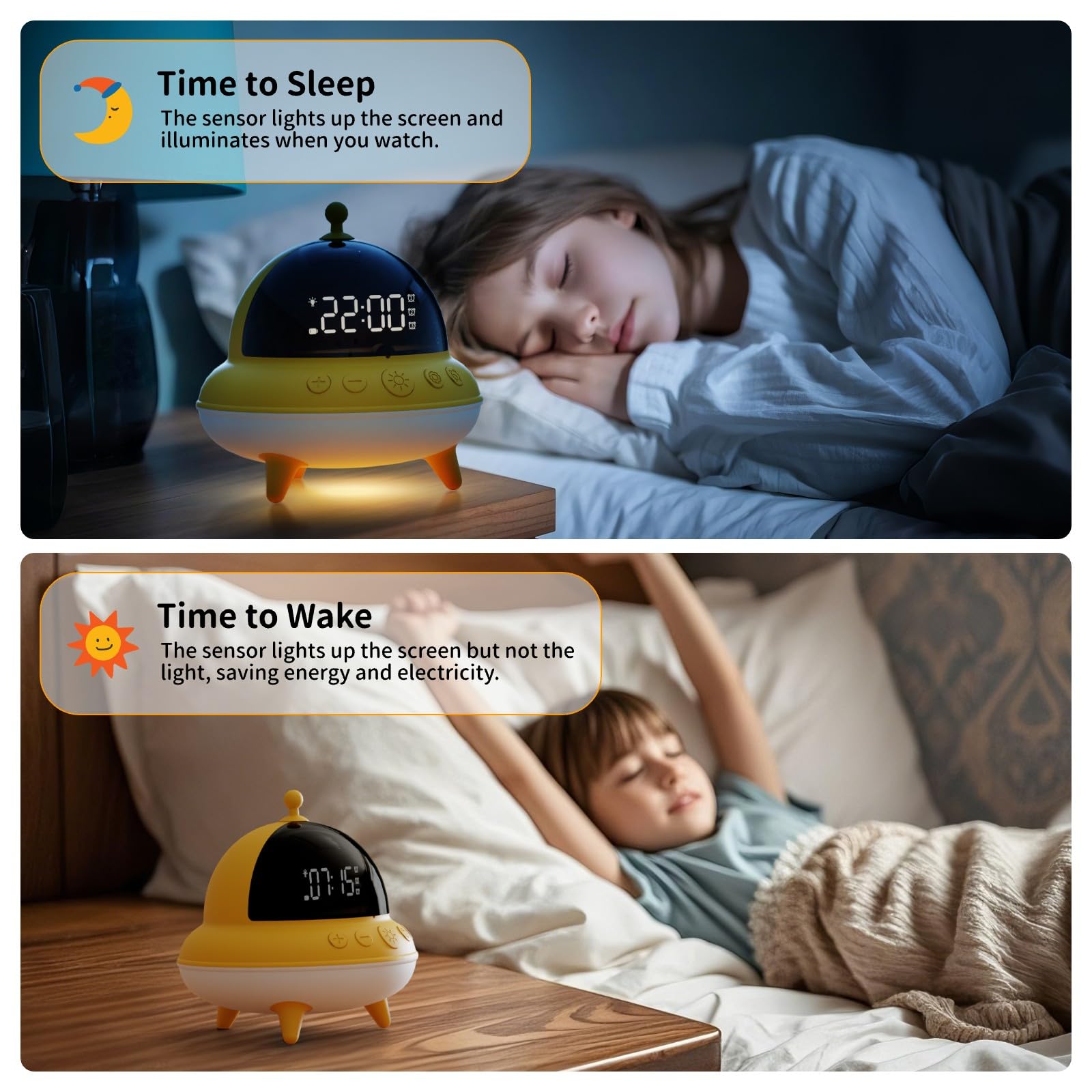 BEAVERLAB Wecker Kinder Mädchen, UFO Kinderwecker für mädchen kinder wecker, tageslichtwecker mit 7 Farben LED Nachtlicht, 15 Tage Akku, 0dB Leiser Wecker für Schlafzimmer, USB Nachttischlampe