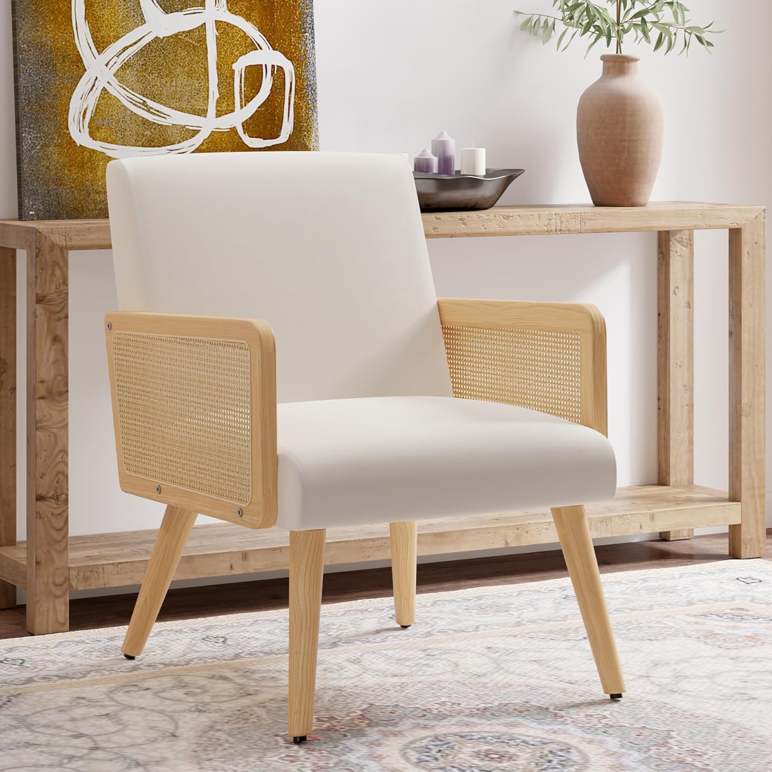 Nebuaegis Accent Chair with Rattan Arms, Living Room Chairs with Wood Legs, Modern Armchair for Bedroom, Lounge Chair Indoor for Reading Room Kitchen