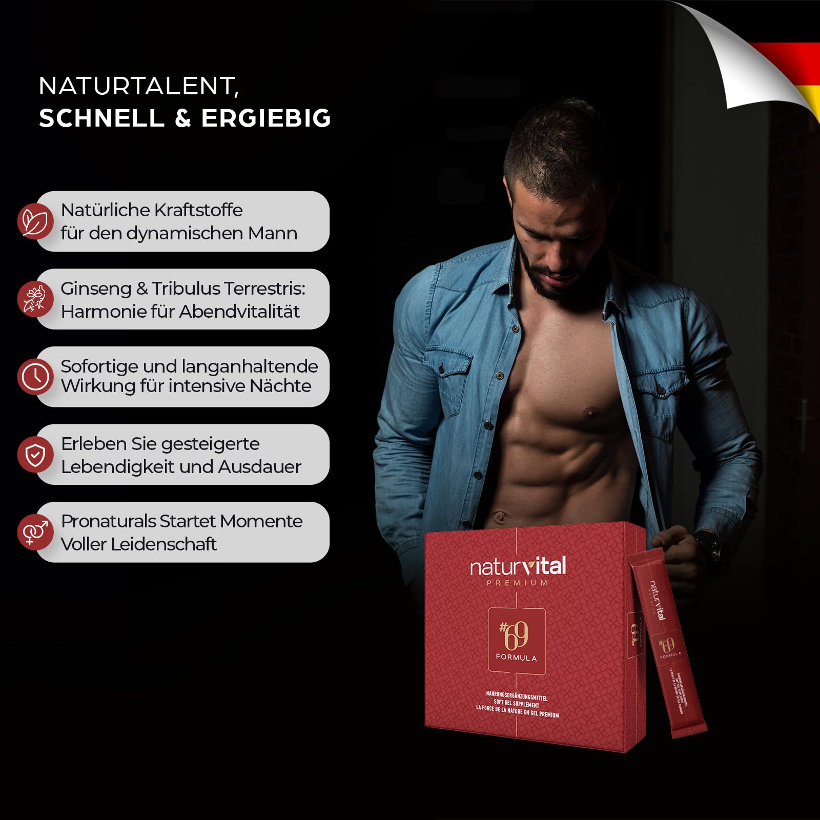 NATURVITAL Premium 69 Formula Maca Gel, Sofortwirkung, Extra Stark für aktive Männer, Ginseng & Tribulus Terrestris, 12x12g Stick - 1 Stück