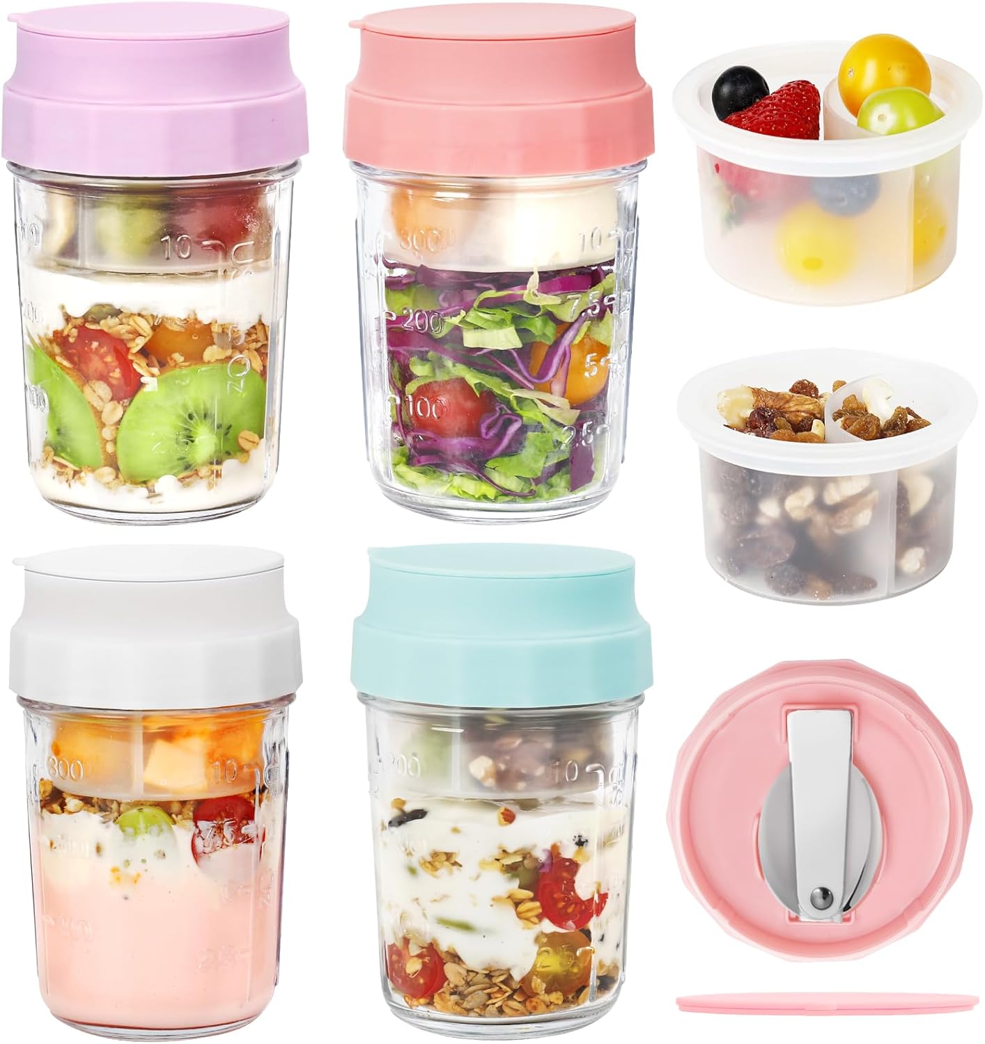 16oz Overnight Oats Jars, Yogurt Containers with Lids and Folding Spoons, 4 Pack Leak-Proof Wide Mouth Mason Jars Divided Compartments for Fruit & Nuts, Glass Jars with Measure Marks for Cereal Salad