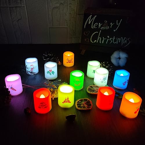 Miniatura 7 de Juego de 12 velas votivas LED sin llama que cambian de color con Papá Noel, árbol de Navidad, campana, caramelos, renos, calcomanías de colores que