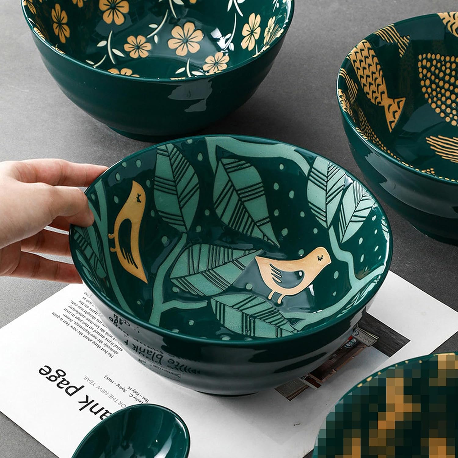 8-Inch Japanese-style hand-painted relief underglaze ceramic tableware, restaurant household threaded soup bowl - 8-inch threaded bowl - green flowers