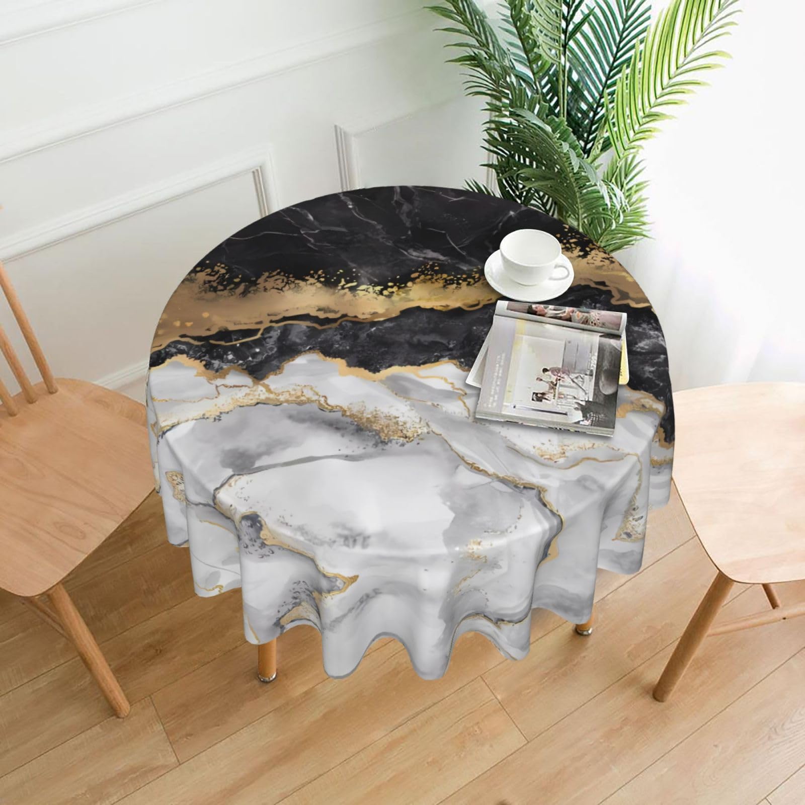 YYHWHJDE Black White Gold Foil Marble Prints Round Decorative Tablecloth 60in – Elevate Your Dining Experience with This Stunning Table Throw for Parties & Everyday Use