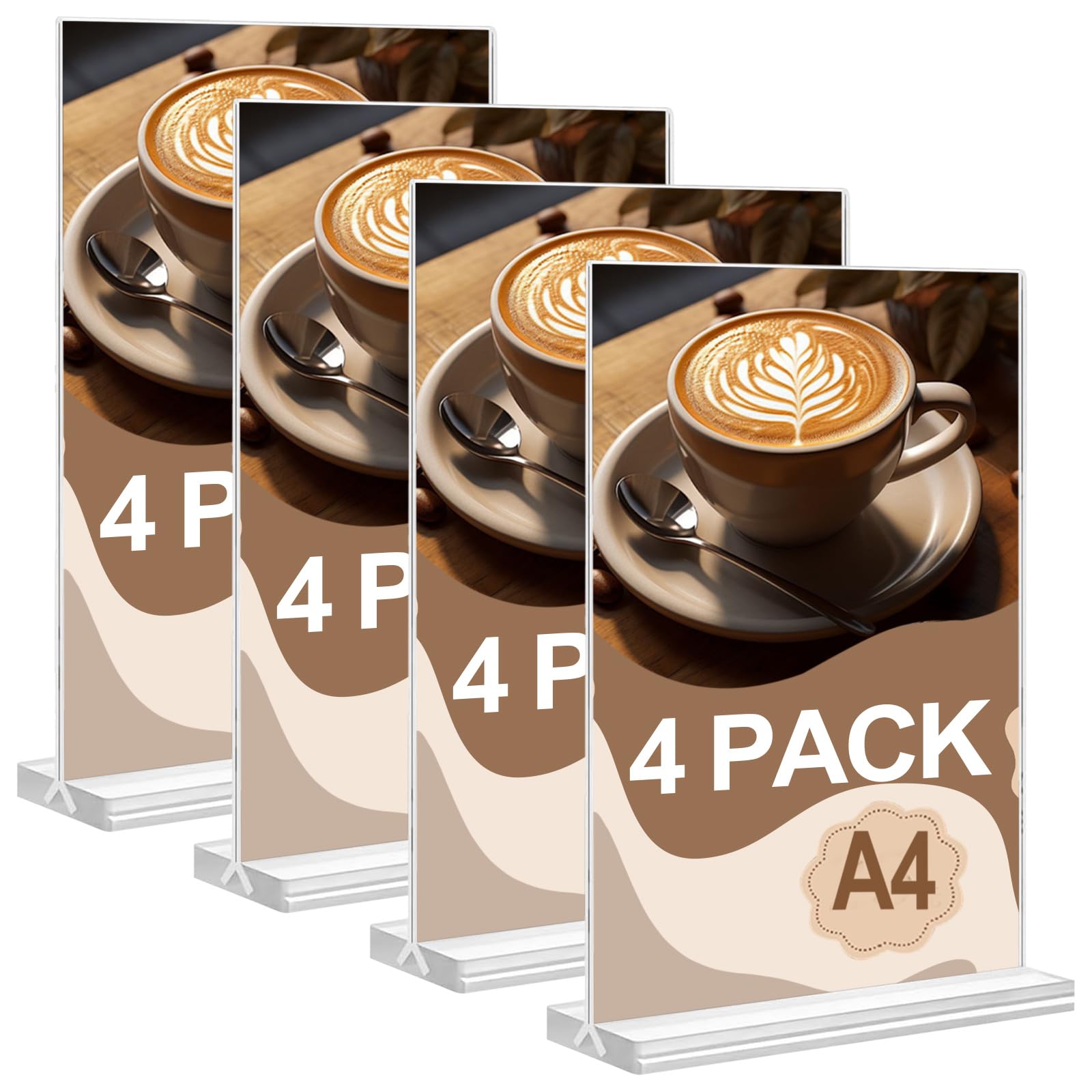 A4 Menu Holders , 4 Pack T-Shape Double-Side Acrylic Sign Holder, Clear A4 Poster Holder Display Stand for Tables Office School Home Restaurant 29.7 x 21cm