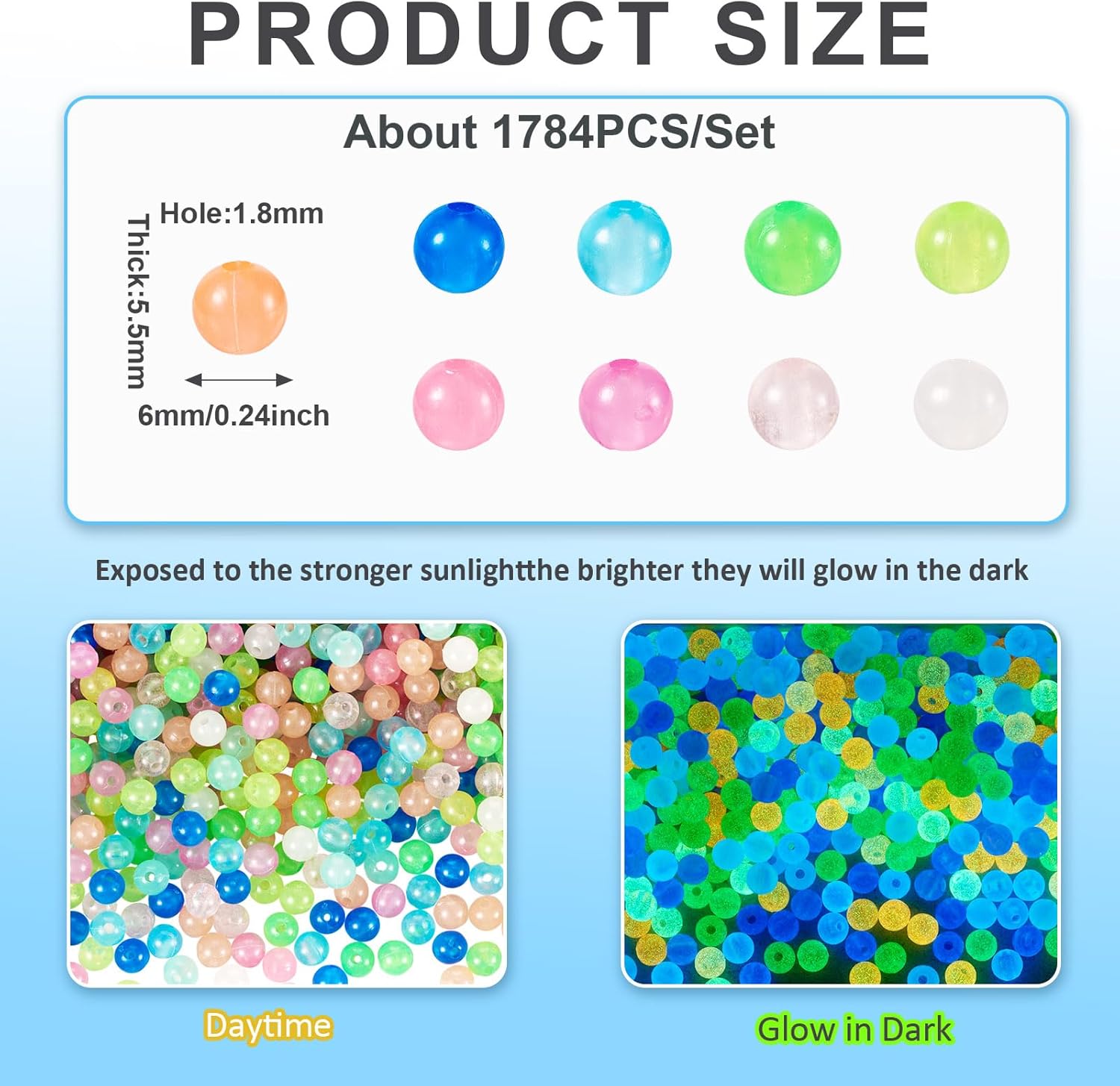 1784Pcs 6 mm Glow in The Dark Beads for Jewelry Making, Mixed Color Resin Luminous Round Beads Colorful Glowing Loose Spacer Bubble Beads for DIY Crafts Bracelets Earrings Lanyard Making - Image 3