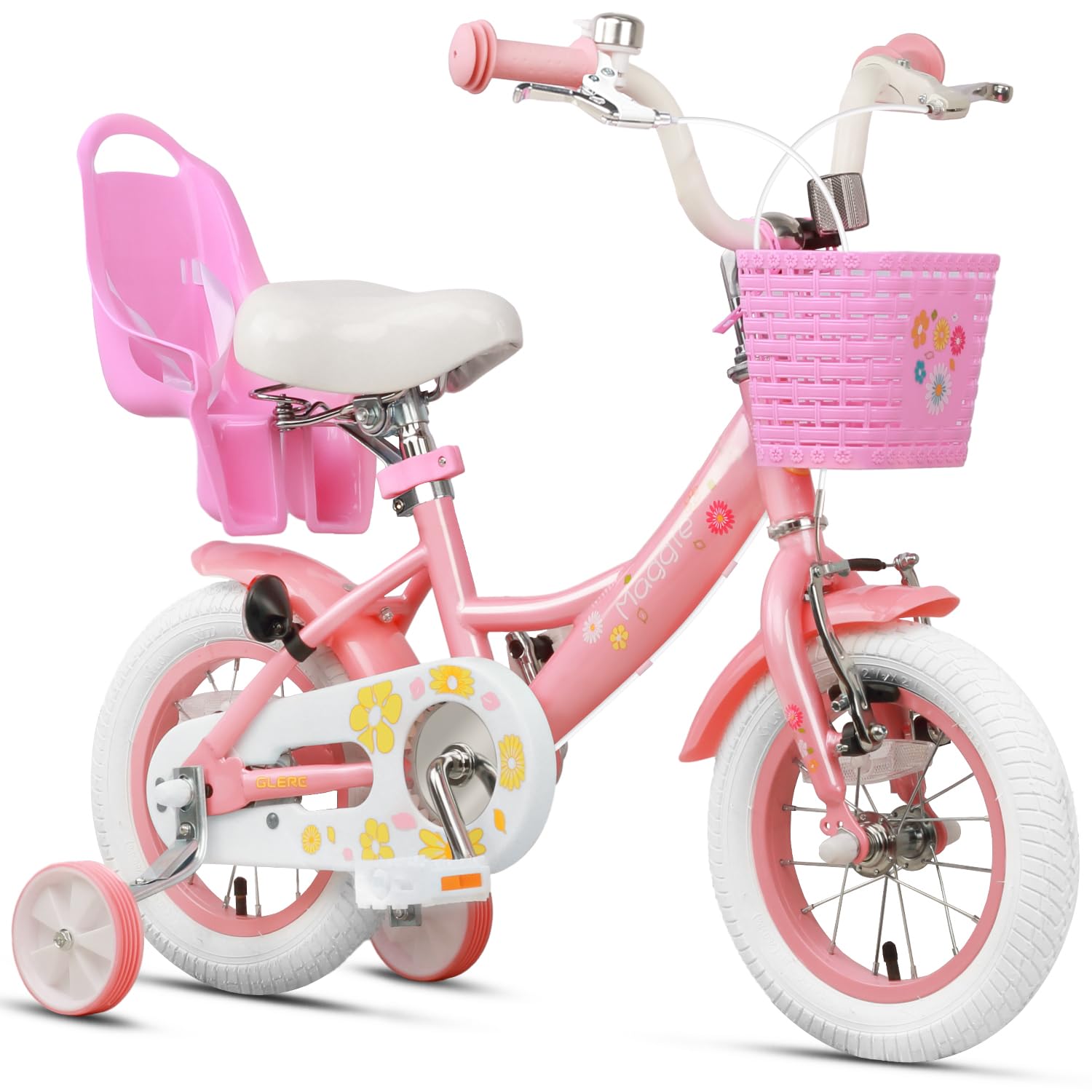 Glerc Maggie 12 14 16 20 Inch Kids Bike for 2-13 Years Old, Girls Bicycle with Doll-Seat & Basket & Stabilisers & Kickstand, Multiple Colors