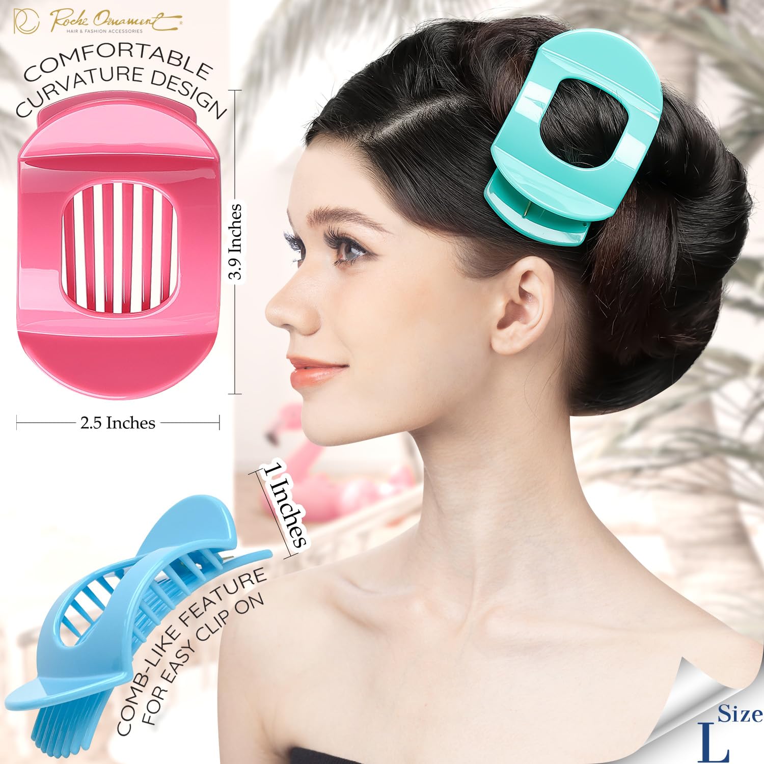 RC ROCHE 6 Pcs Flat Claw Hair Clips for Women Thick Hair French Round Duckbill Square Secure Strong Hold Grip Clamps Barrettes Curved No Slip No Crease Styling Cute Extra Jumbo XL - Image 3