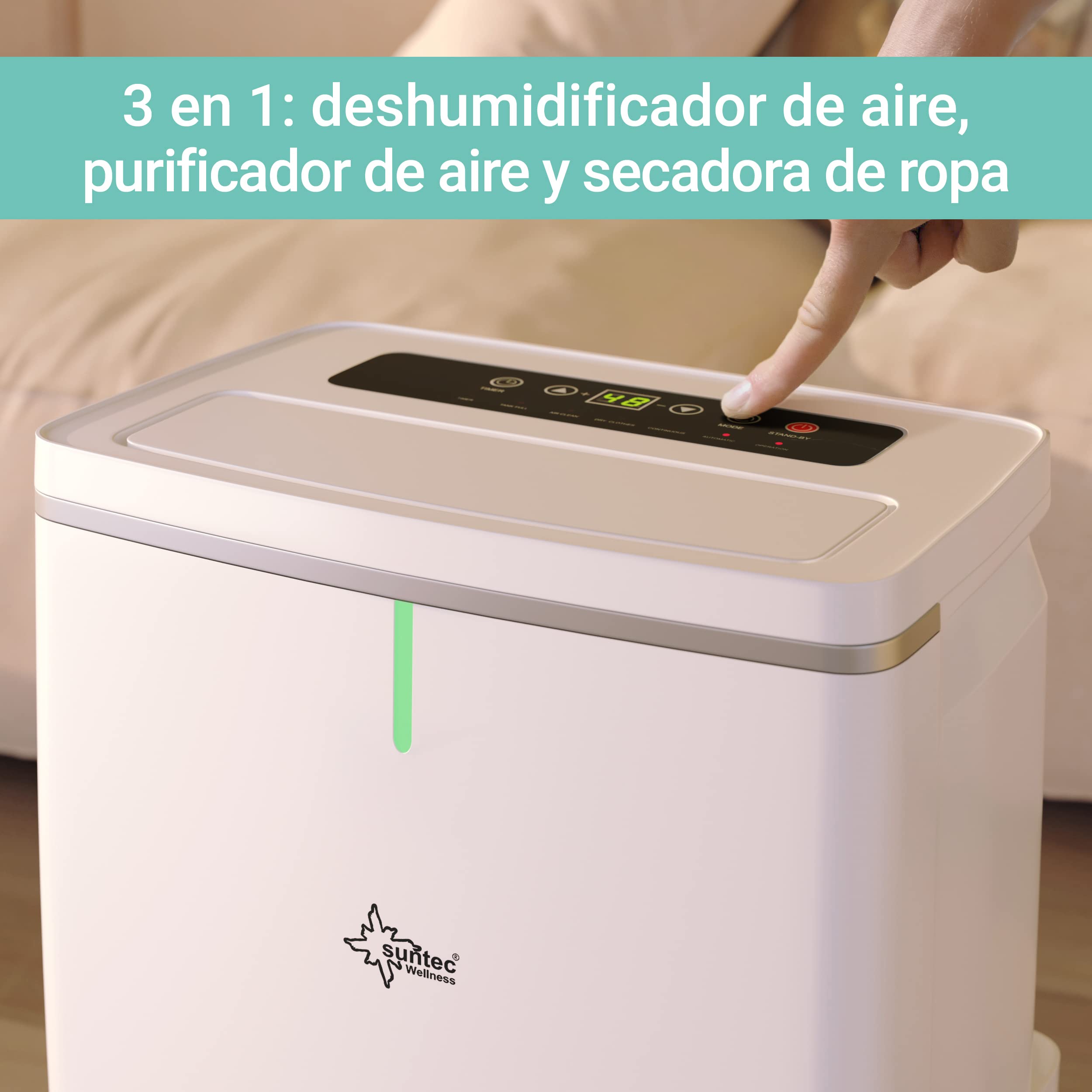 Deshumidificador de aire SUNTEC DryFix Lumio | Para espacios de hasta 63 m2 o 150 m3 | Deshumidificador 20 l/día | Deshumidificador – purificador de aire – secador de ropa 3 en 1 | Móvil y eléctrico