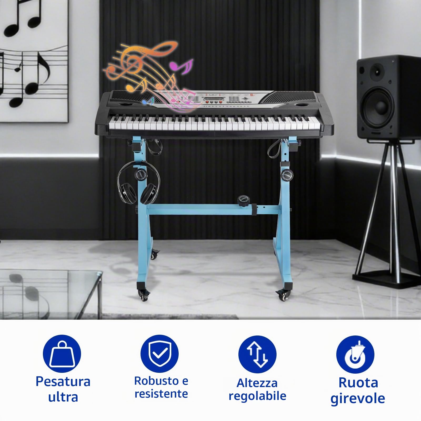 Supporto per Tastiera Pianoforte Regolabile in Altezza da 55 a 87CM, Supporto per Pianoforte a Forma di Z con 4 Ruote Girevoli, Adatto per Pianoforti con 54-88 Tasti, Capacità di Carico 160KG (Blu)