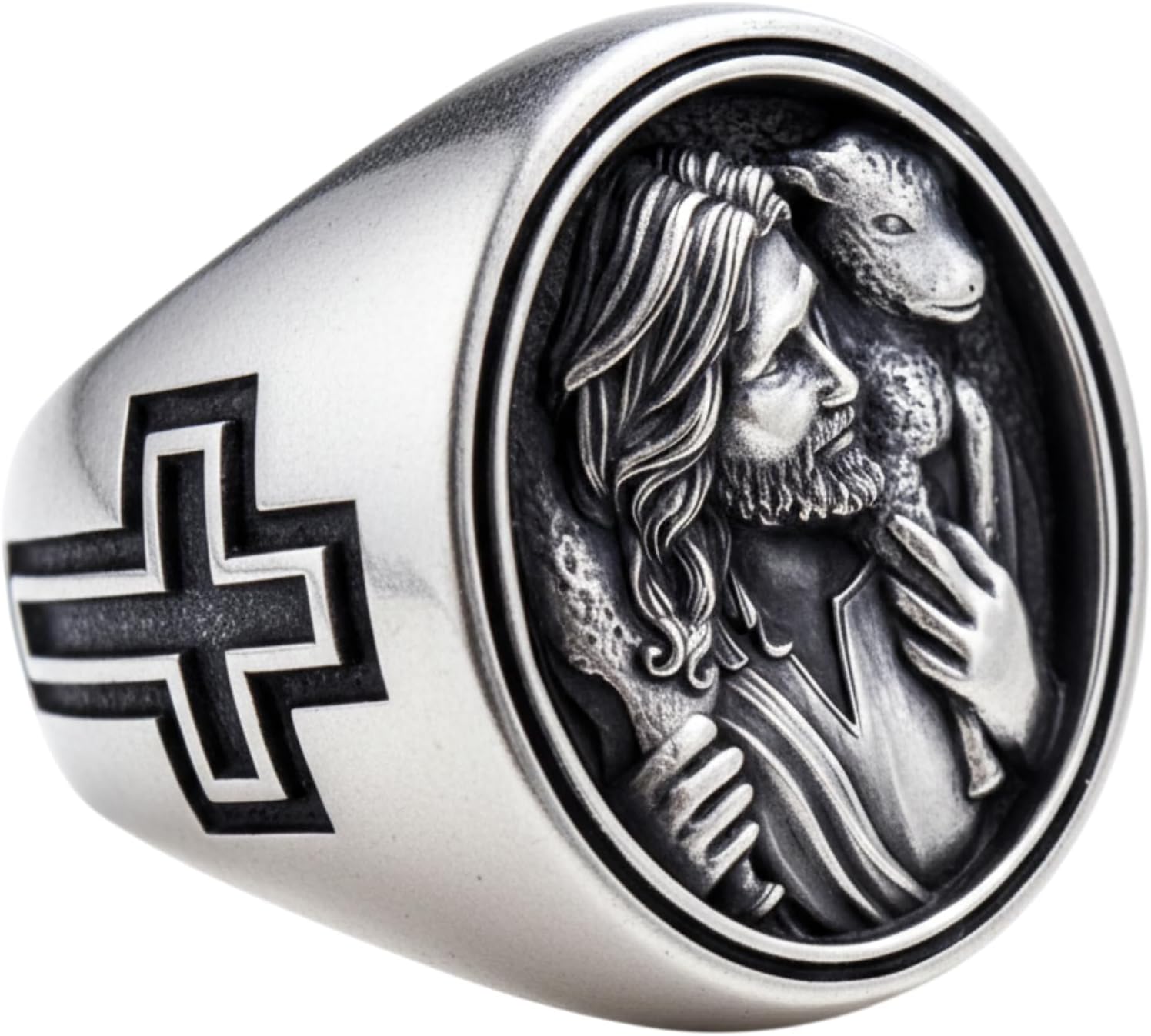 925 Sterling Silver Jesus Good Shepherd Ring - Christian Religious Jewelry for Men Women - Handcrafted Oxidized Band with Cross Symbol