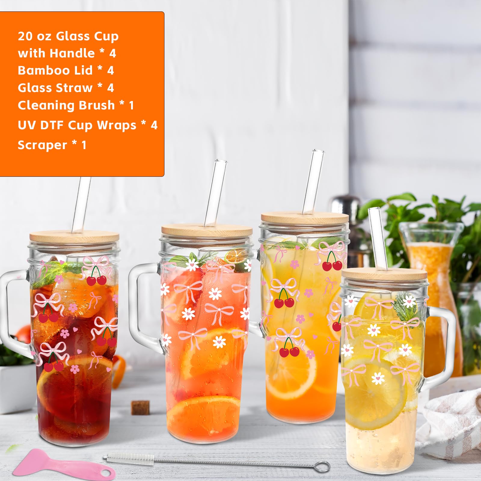 Bicchieri in vetro con coperchio e cannucce, 4 confezioni - 680 ml bicchieri in vetro con manico, barattolo con coperchio e cannuccia, bicchieri riutilizzabili per caffè freddo, frullati, matcha