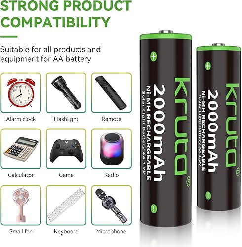 Miniatura 5 de Kruta NiMH - Baterías AA recargables, 2000 mAh, 1.2 V, NiMH de alta capacidad, doble AA para luces solares al aire libre, recarga hasta 1200 veces,