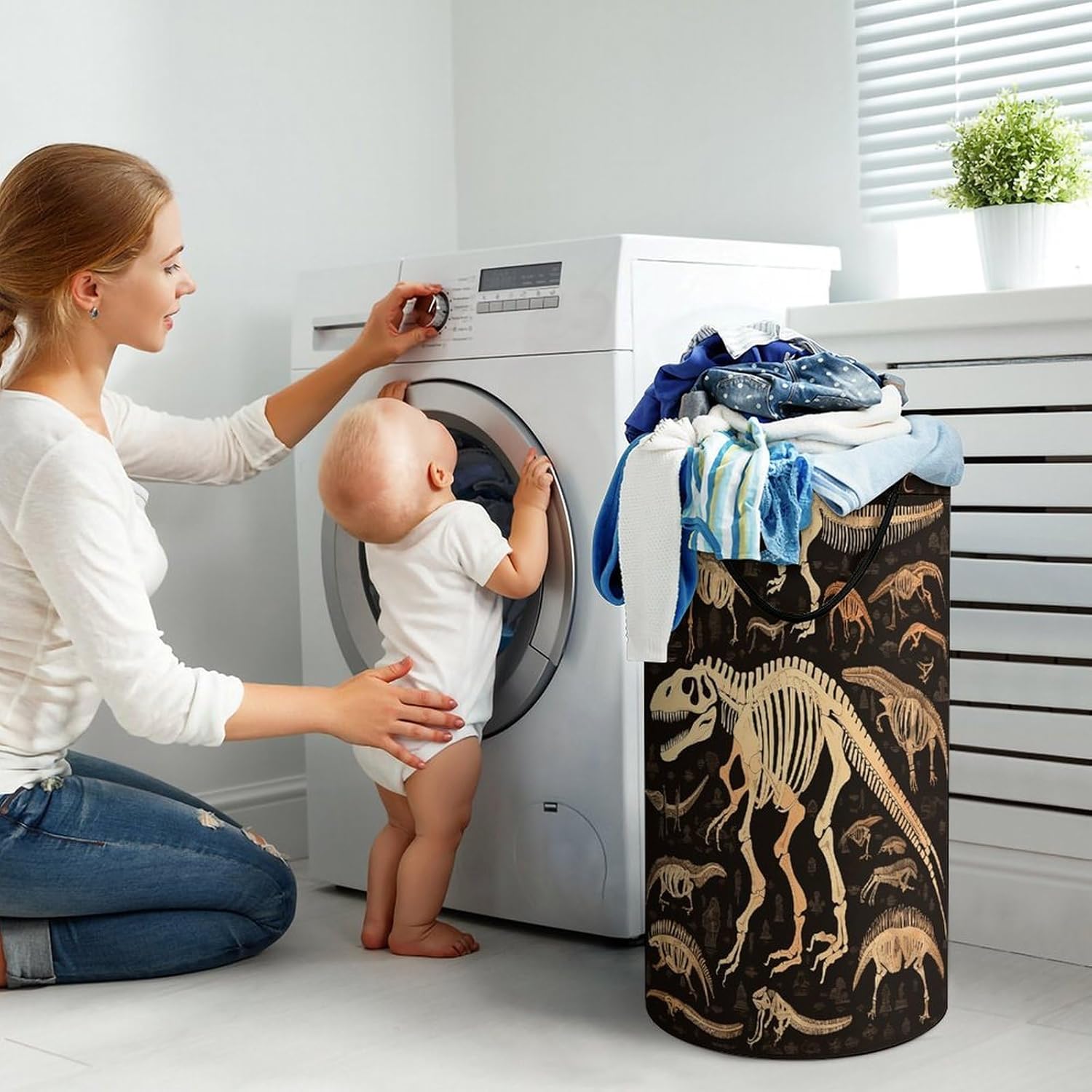 Dinosaur Skeleton Print Laundry Basket Large Foldable Laundry Hamper with Handles Freestanding Collapsible Clothes Basket Waterproof Portable Dirty Clothes Hamper for Bathroom 86L