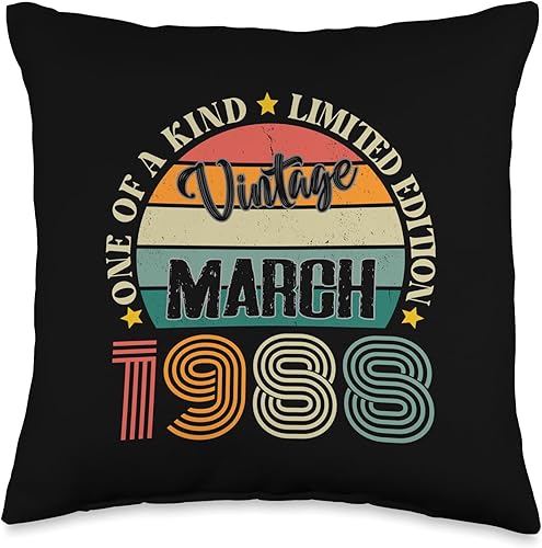 36 Year Old Vintage March 1988 36th Birthday Retro Throw Pillow, 16x16, Multicolor