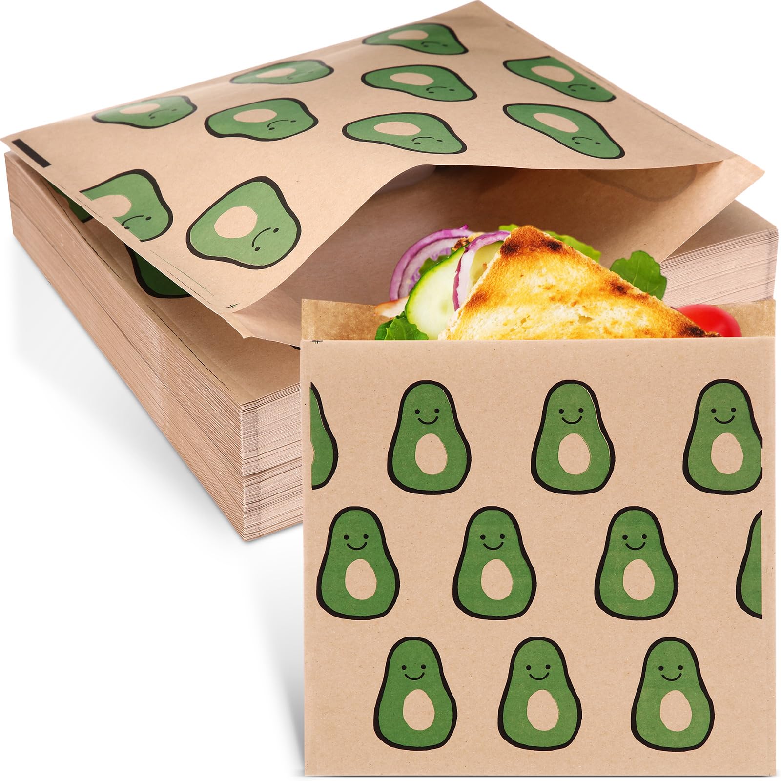 Epakh 200 Pack Paper Sandwich Bags Avocado Design 8 × 8 Inch Happy Food Storage Recyclable Grease Resistant Disposable Snack Bags for Family Home Use