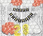 28th Birthday Decoration items for Girls with Rose Gold and White Balloons, Black Happy Birthday Banner, Silver Foil Curtain, Foil Balloon number 28