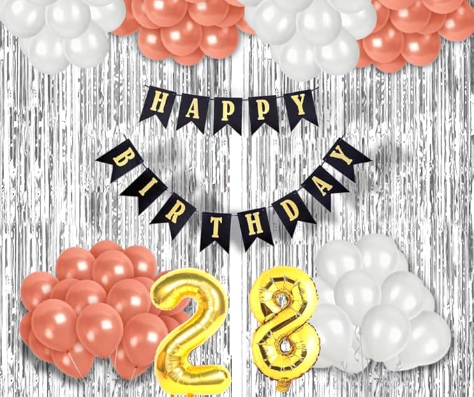 28th Birthday Decoration items for Girls with Rose Gold and White Balloons, Black Happy Birthday Banner, Silver Foil Curtain, Foil Balloon number 28