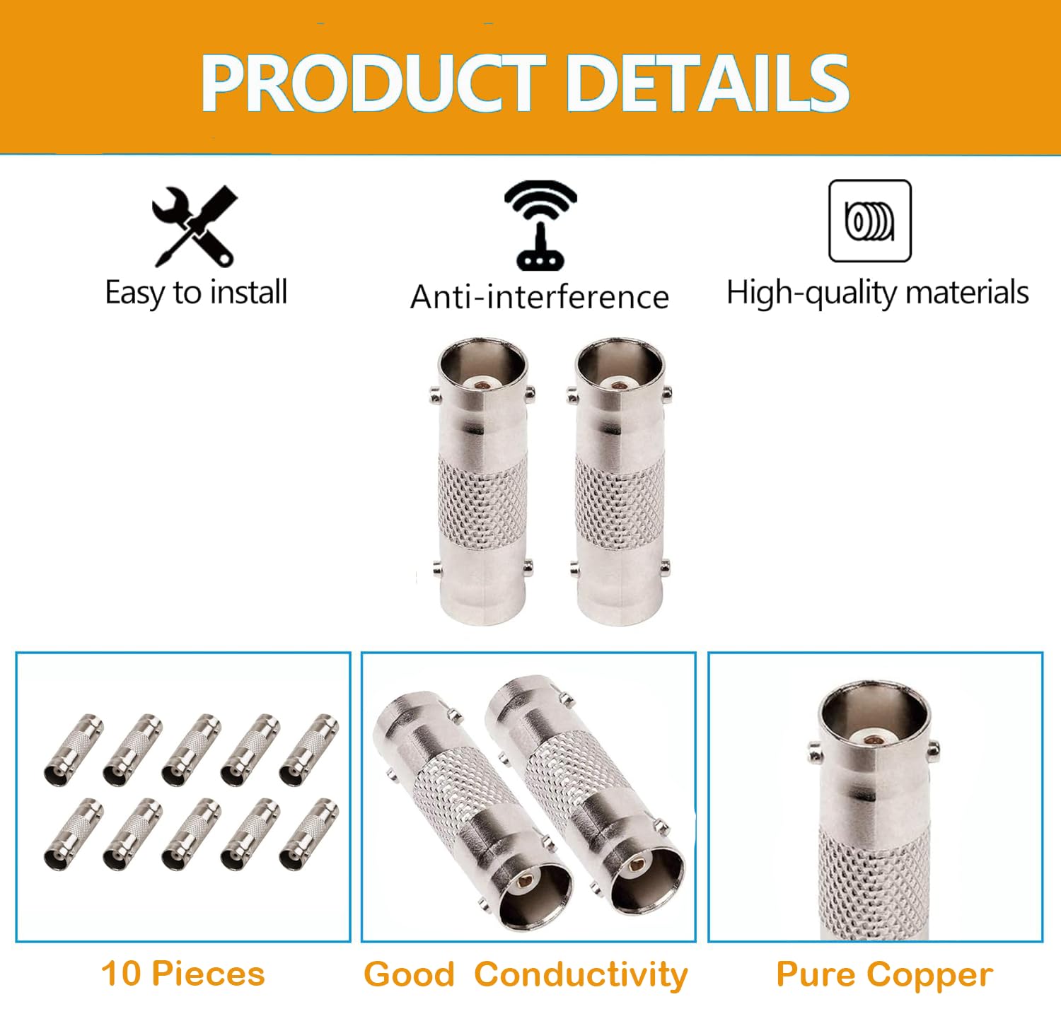 10 Pack BNC Female To Female Coupler Adapters For CCTV Camera Cable Connectors