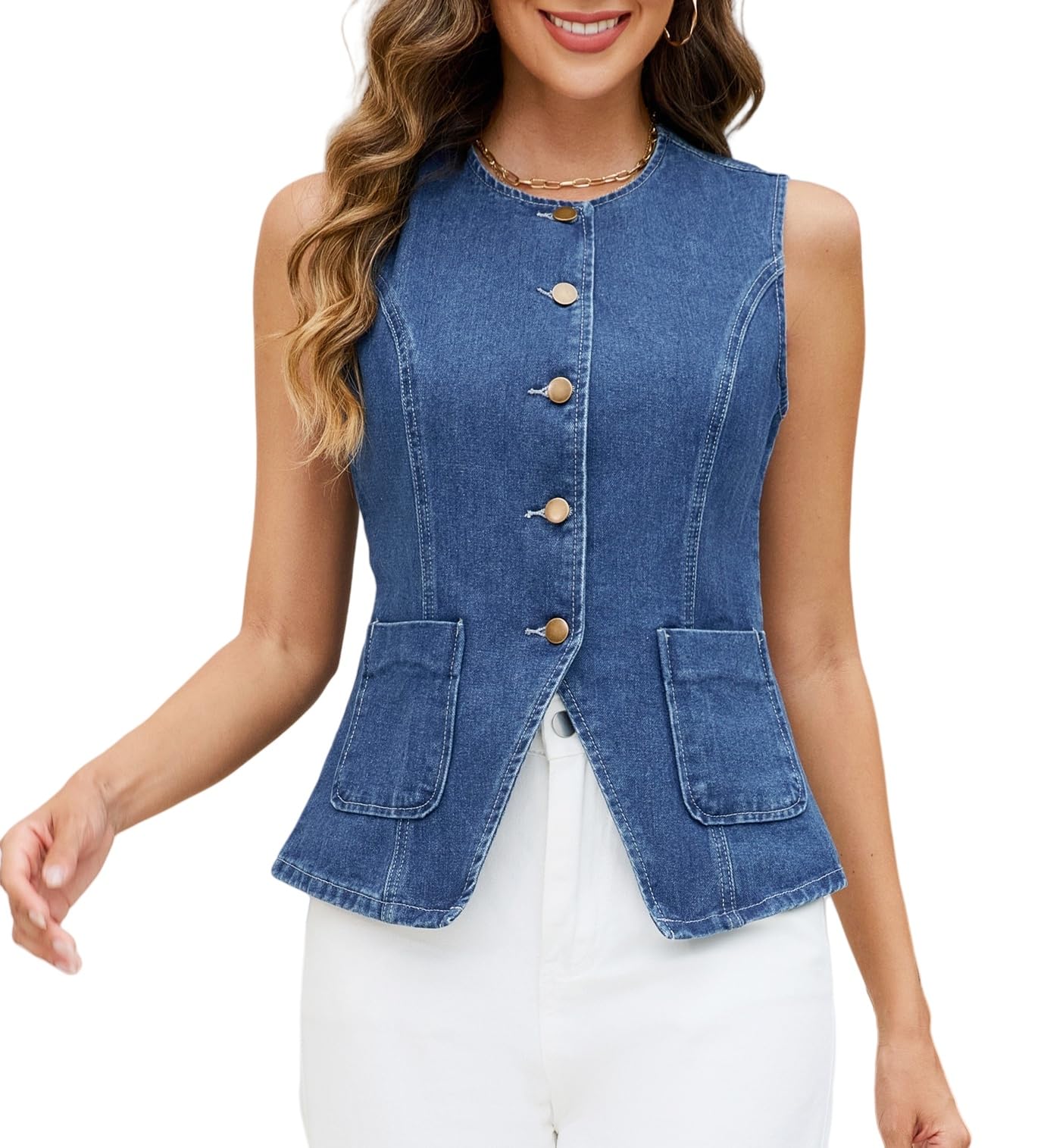 Ladyful Womens Denim Vest Top Sleeveless Jean vest Button Down Western Denim Waistcoat Suit Top