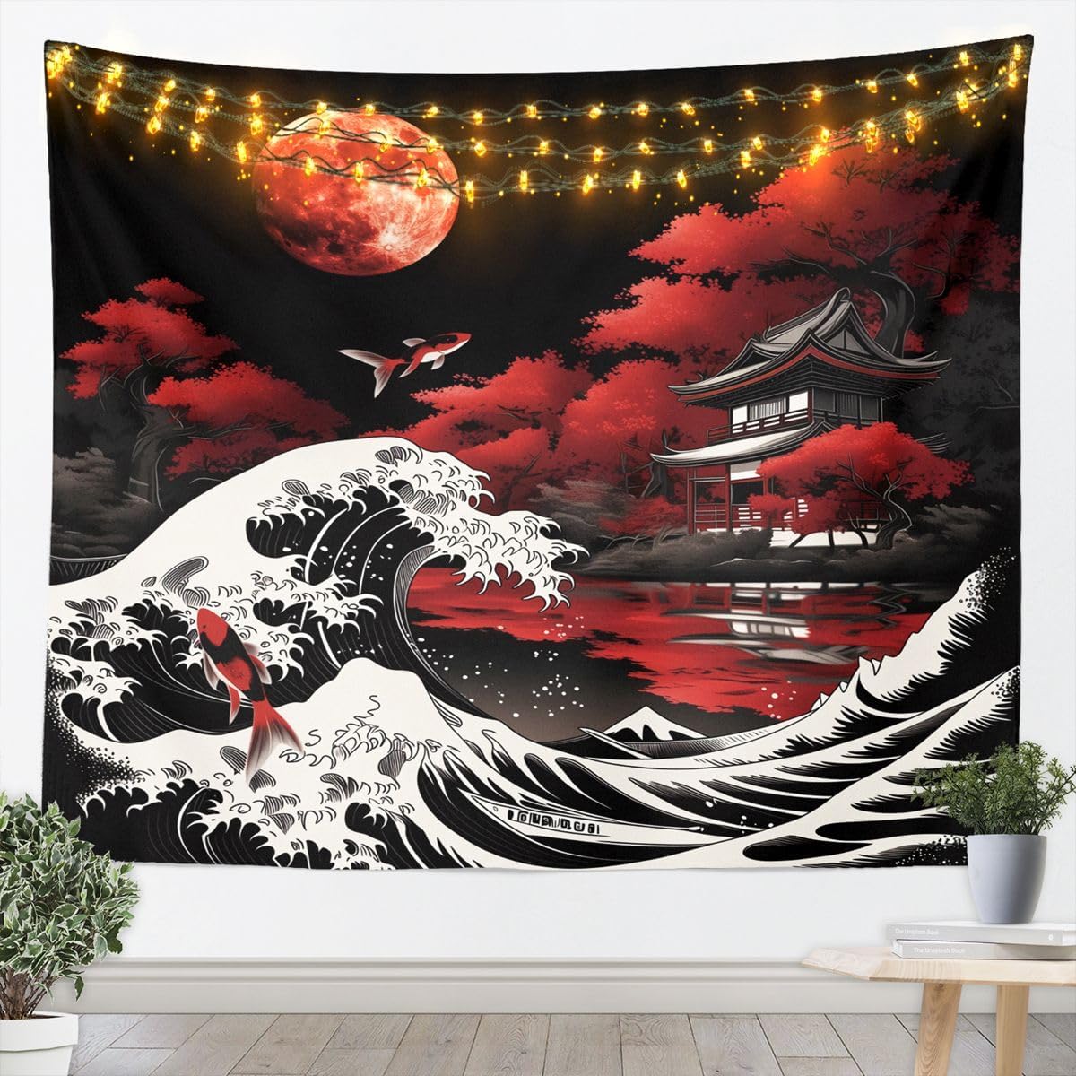 Feelyou Japanese Style Building Tapestry Anime Sunset Wall Art for Living Room Bedroom Romantic Exotic Wall Hanging Blanket Red Maple Home Decor Large 59"x82" image 3