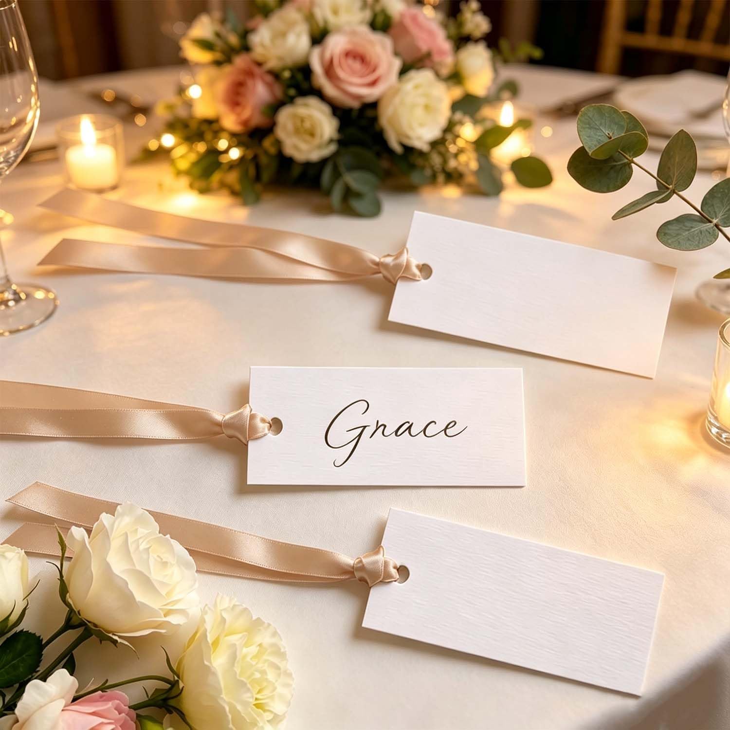 50 Pcs Name Place Cards with Satin Ribbon 1.57 x 3.54 Inch (Gold)