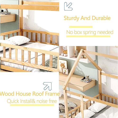 Miniatura 18 de Altillo Cama de casa con valla, camas Montessori de madera para niños con techo, cama de tienda, cama de piso de madera, marco de cama estilo casa