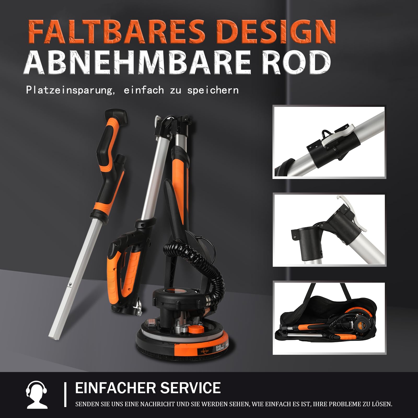 Lijadora de pared y techo, 750 W, velocidad máxima de 1800 rpm, lijadora de pared con LED y mango telescópico, lijado de 215 mm, bolsa de extracción, mango plegable, cabezal inclinable