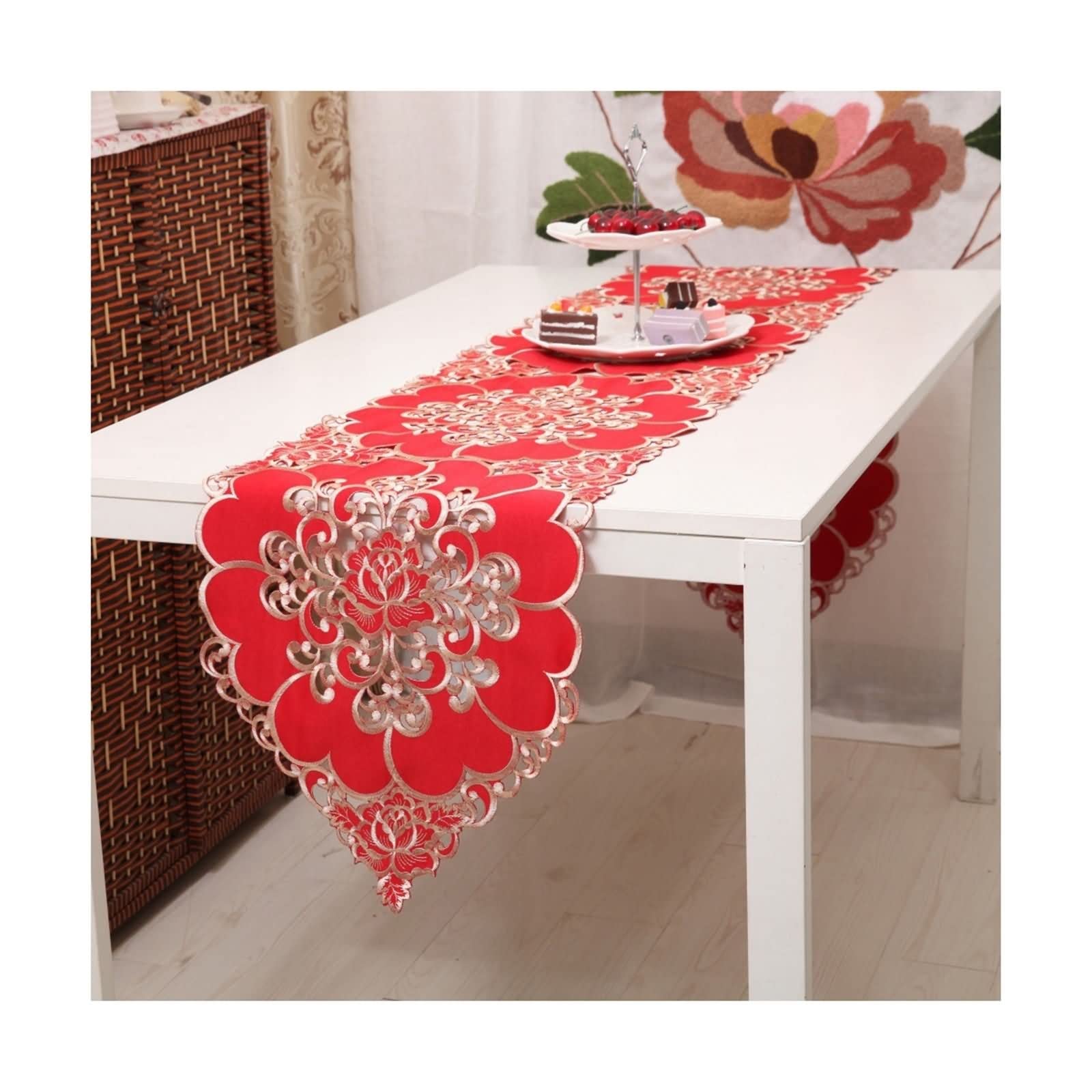 Tischläufer Klein Rotes Gold, Tischläufer X-Mas Hohle Blume Polyester Tischläufer 37x210cm Hochzeit Tischdeko Weihnachtstischdeko