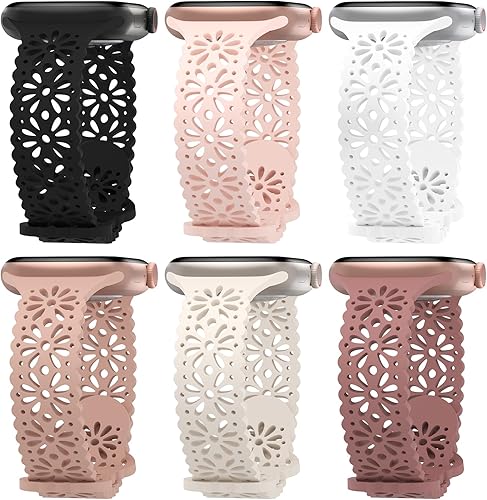 Paquete de 6 correas de silicona huecas de encaje compatibles con Apple Watch de 1.496 in 1.575 in 1.614 in 1.654 in 1.732 in 1.772 in 1.929 in,