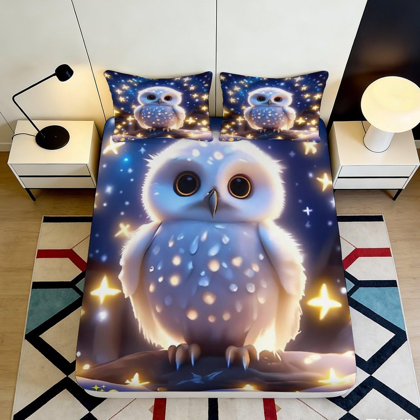3D Printed owl themed Fitted Sheet, Microfiber soft touch, stylish room accent, apartment bedding, wrinkle resistant, bedroom decor, decorative bed cover 90x200x25cm