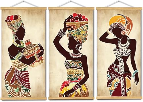 Miniatura 8 de 3 piezas de pintura en lienzo étnica africana de mujer negra, arte de pared vintage para sala de estar y dormitorio, arte en lienzo con marcos, para