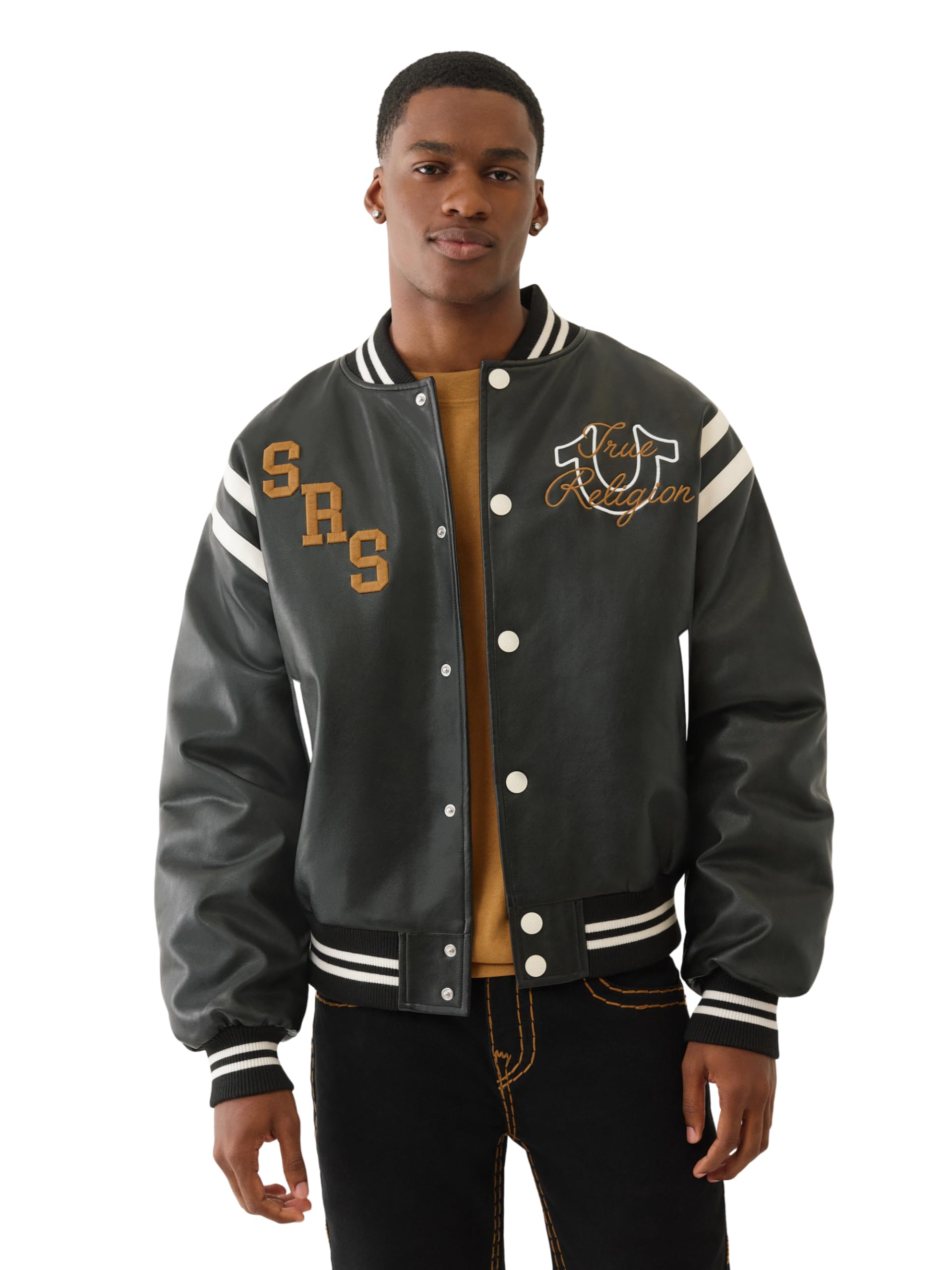 True Religion Men's Retro PU Varsity Jacket – Faux Leather Letterman Bomber with Logo Patches, Jet Black, 3XL