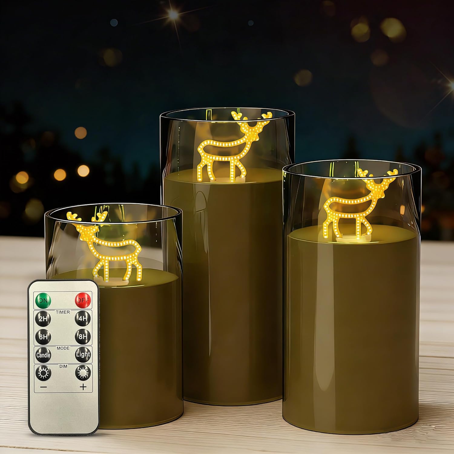 L LOHAS LED Electronic Candle Night Lights with Remote, 3-Pack Reindeer LED Flameless Candles, Battery Operated Flickering Night Light, 5 Brightness Levels & Timer, for Holiday Home Decor