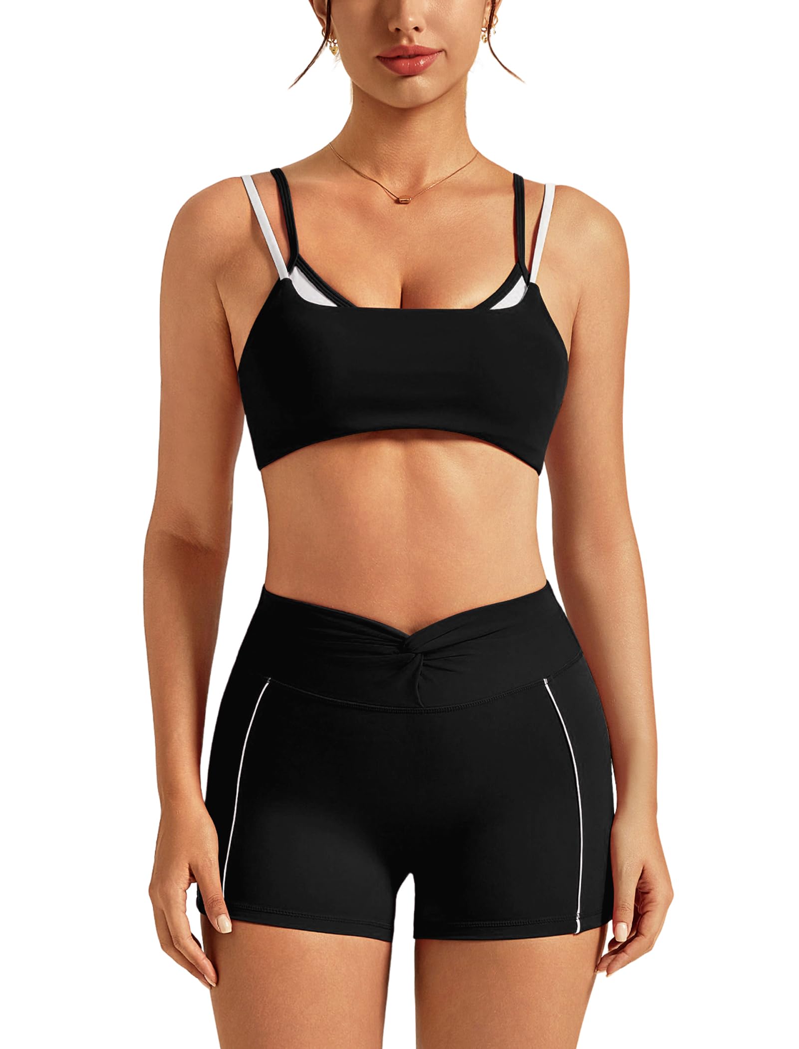 ABOCIW Workout Sets for Women 2 Piece Twist Back Layered Sports Bra Mini Shorts Yoga Pilates Outfits Active