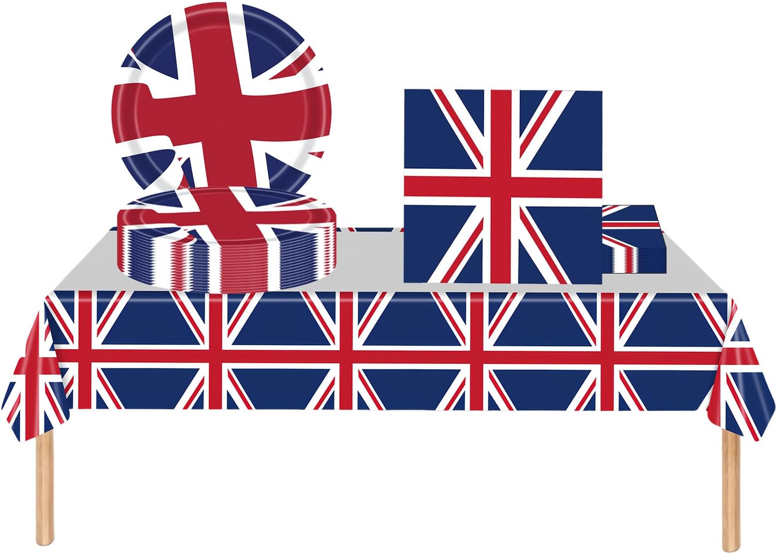 37Pcs Union Jack Party Tableware,UK Flag Plastic Table Cloth,Paper Plates Napkins Serviette Great Britain British Dinnerware Set for VJ Day 80th Anniversary Table Decorations,Union Jack Party Supplies