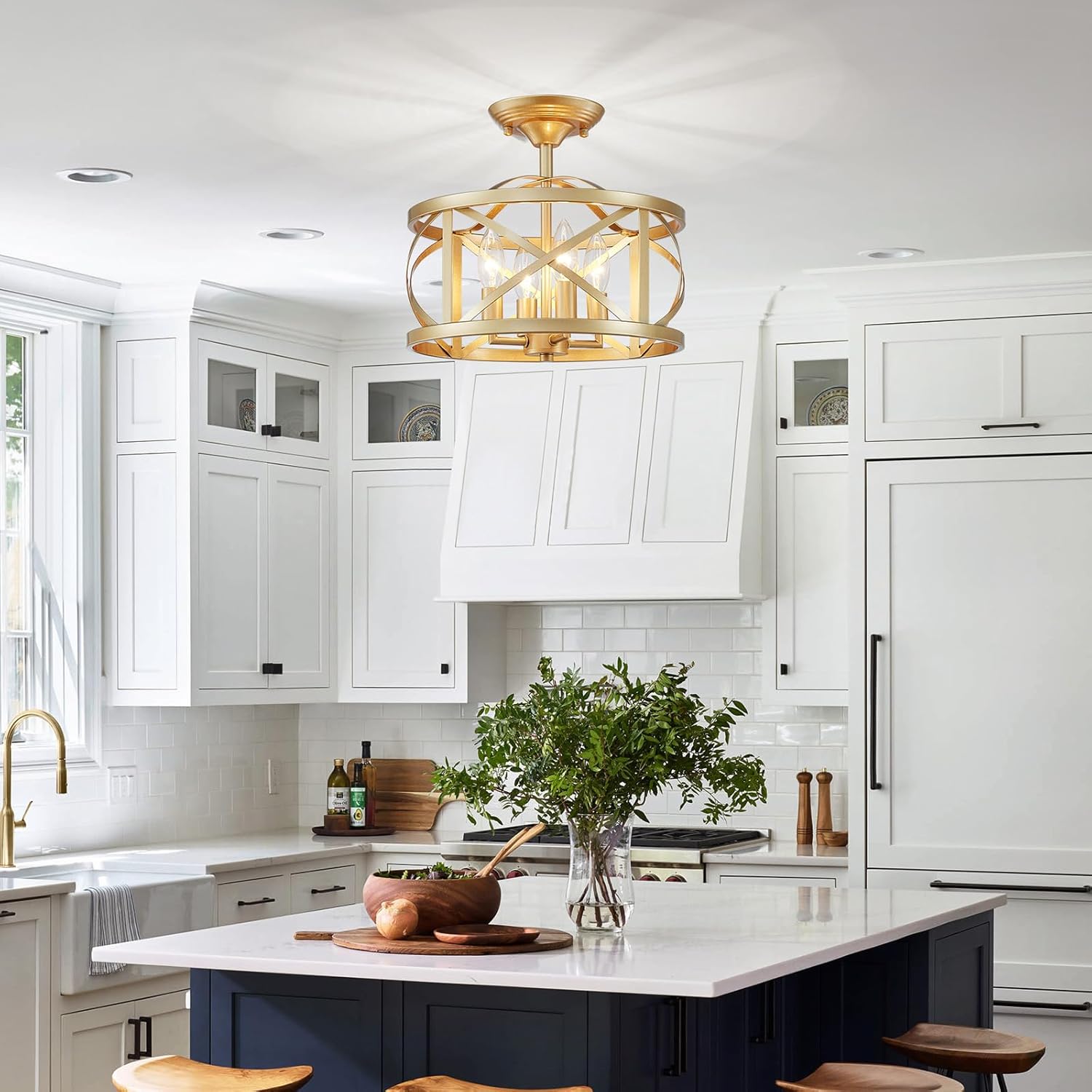 LOOYD Semi Flush Mount Ceiling Light Fixture Vintage Ceiling Light Farmhouse Ceiling Light Metal Cage Ceiling Lamp for Kitchen Dining Room Hallwa Bedroom Living Room (Gold)