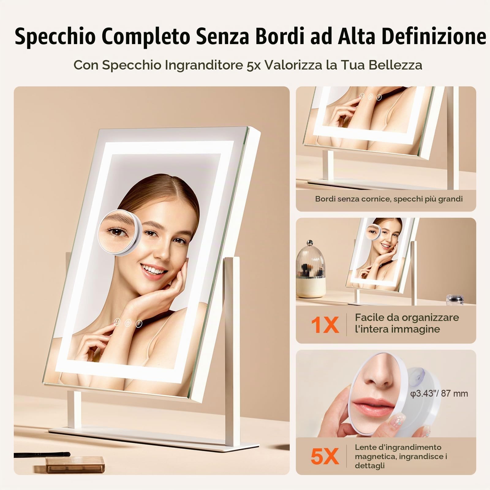 VEVOR Specchio per Trucco Illuminato con Lampadine LED Specchio per Trucco 3 Modalità di Illuminazione a Colori con Specchio Ingranditore 5X Rimovibile Controllo a Tocco Rotazione a 360°, 406x296mm