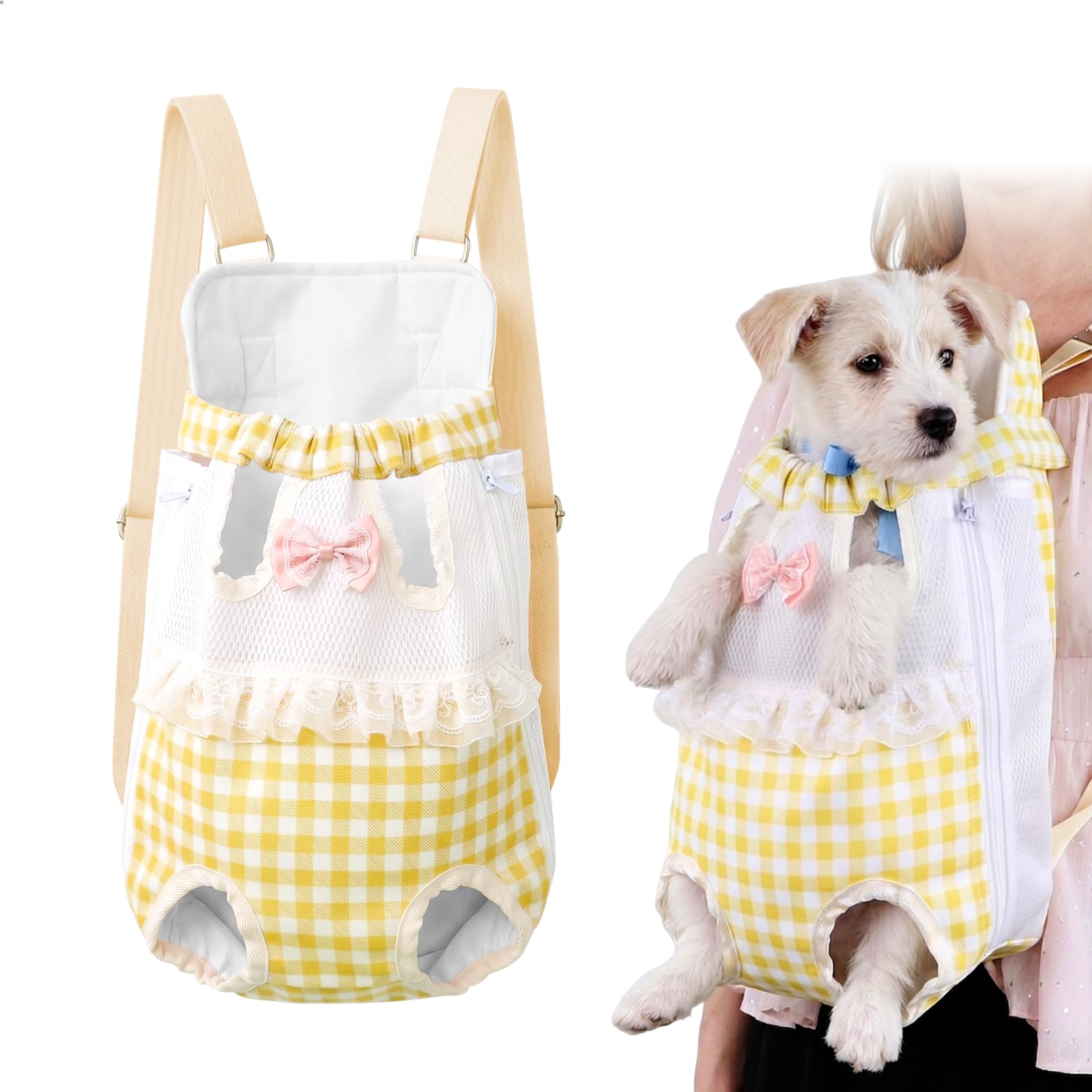 Mochila Gato, Transportin Perro Pequeño, Mochila para Perros, Mochila Perro Transportín M de Cuadros Amarillos hasta 4kg Pechera con Ventana Transpirable para Gatos y Perros Pequeños