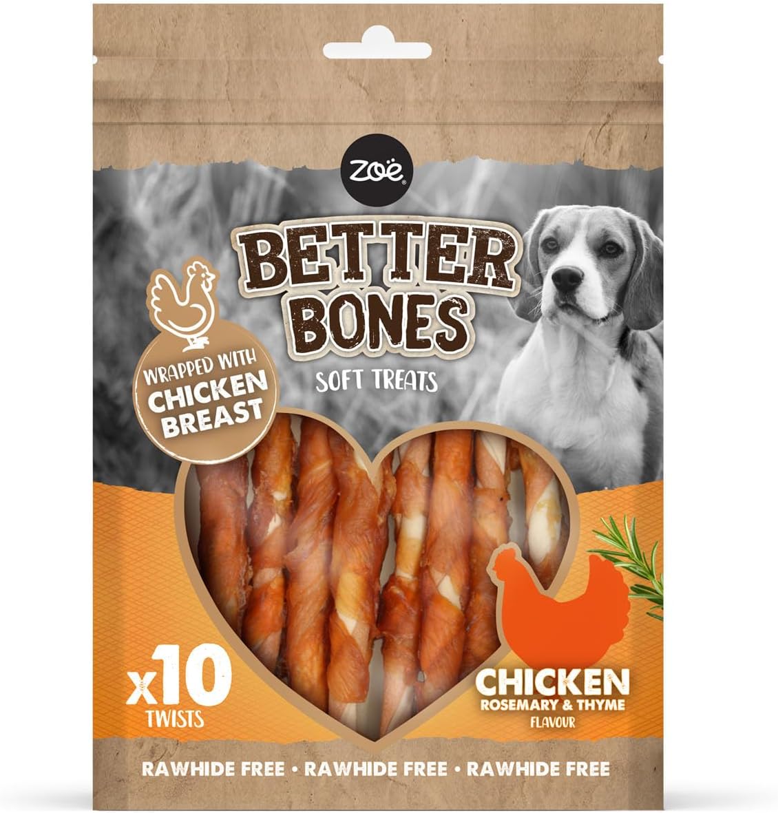 Zoë Better Bones Soft Dog Treat Chews, Pouch of Rawhide-Free, Chicken-Wrapped Twist Dog Training Chews - Chicken Flavour, 1 Bag of 10 pcs