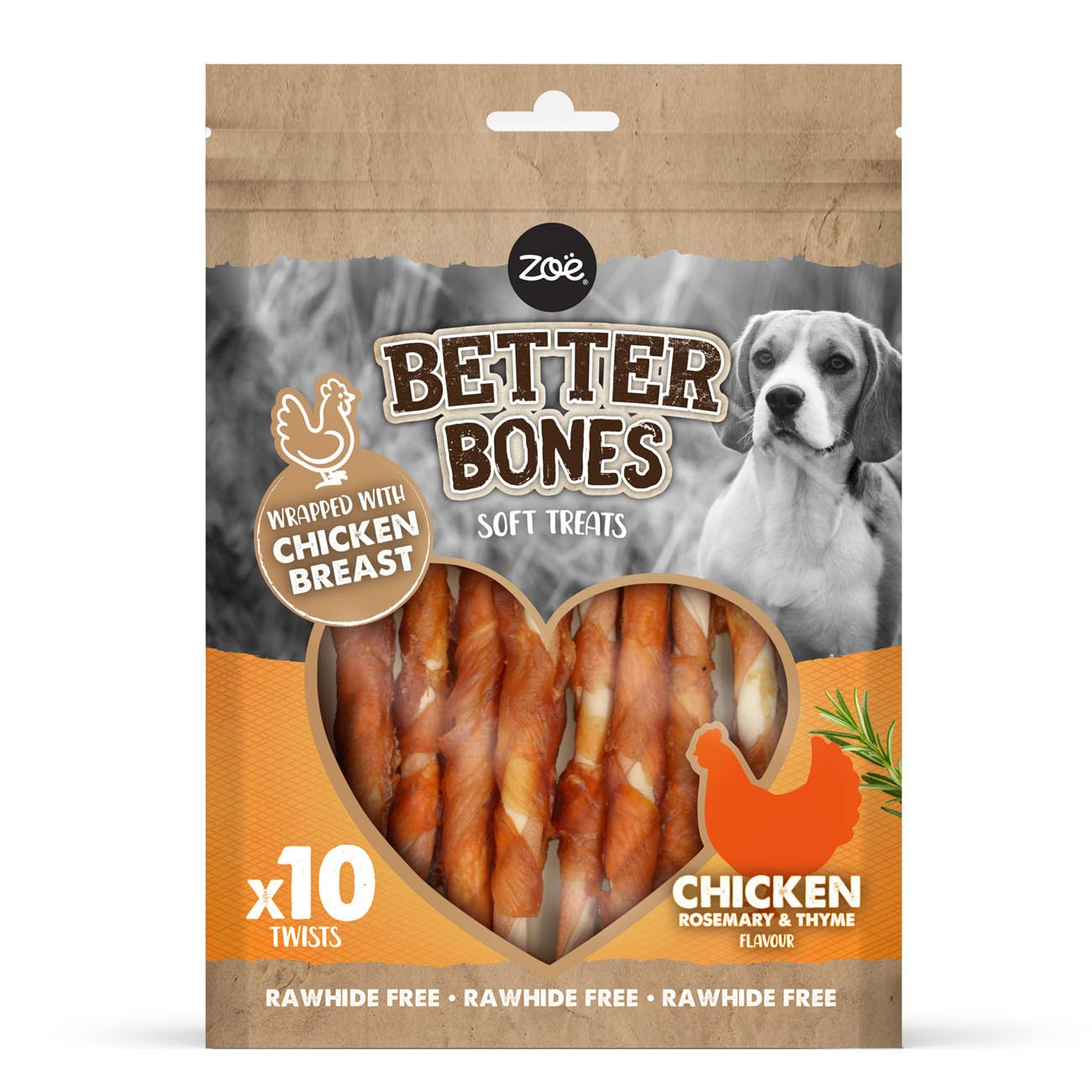 Zoe Better Bones Soft Dog Treat Chews, Pouch of Rawhide-Free, Chicken-Wrapped Twist Dog Training Chews - Chicken Flavour, 1 Bag of 10 pcs